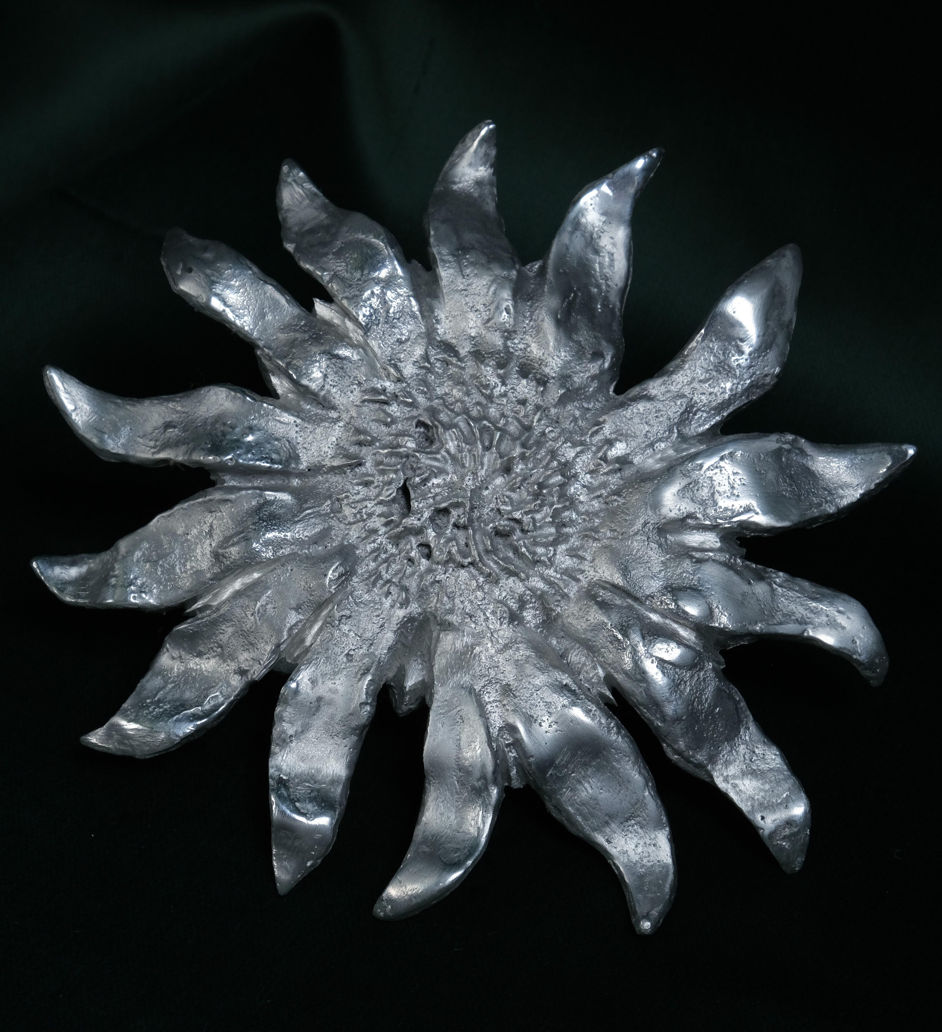 Aluminium sunflower, 1st version made as a ring, or accessories and developped further as a wall sculpture.

From the series 