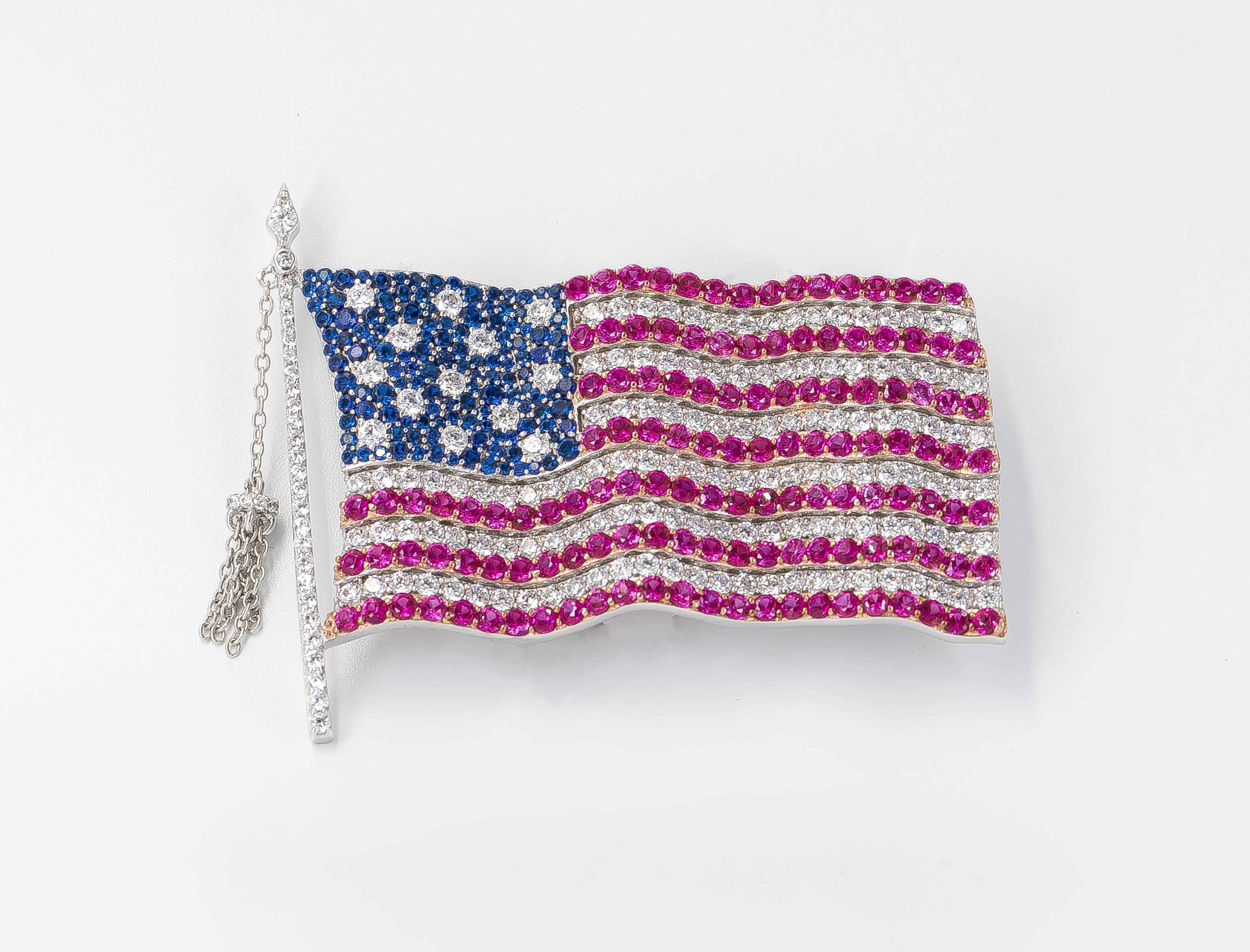 Modern Handmade American Flag Brooch with Cubic Zirconia Gem Set