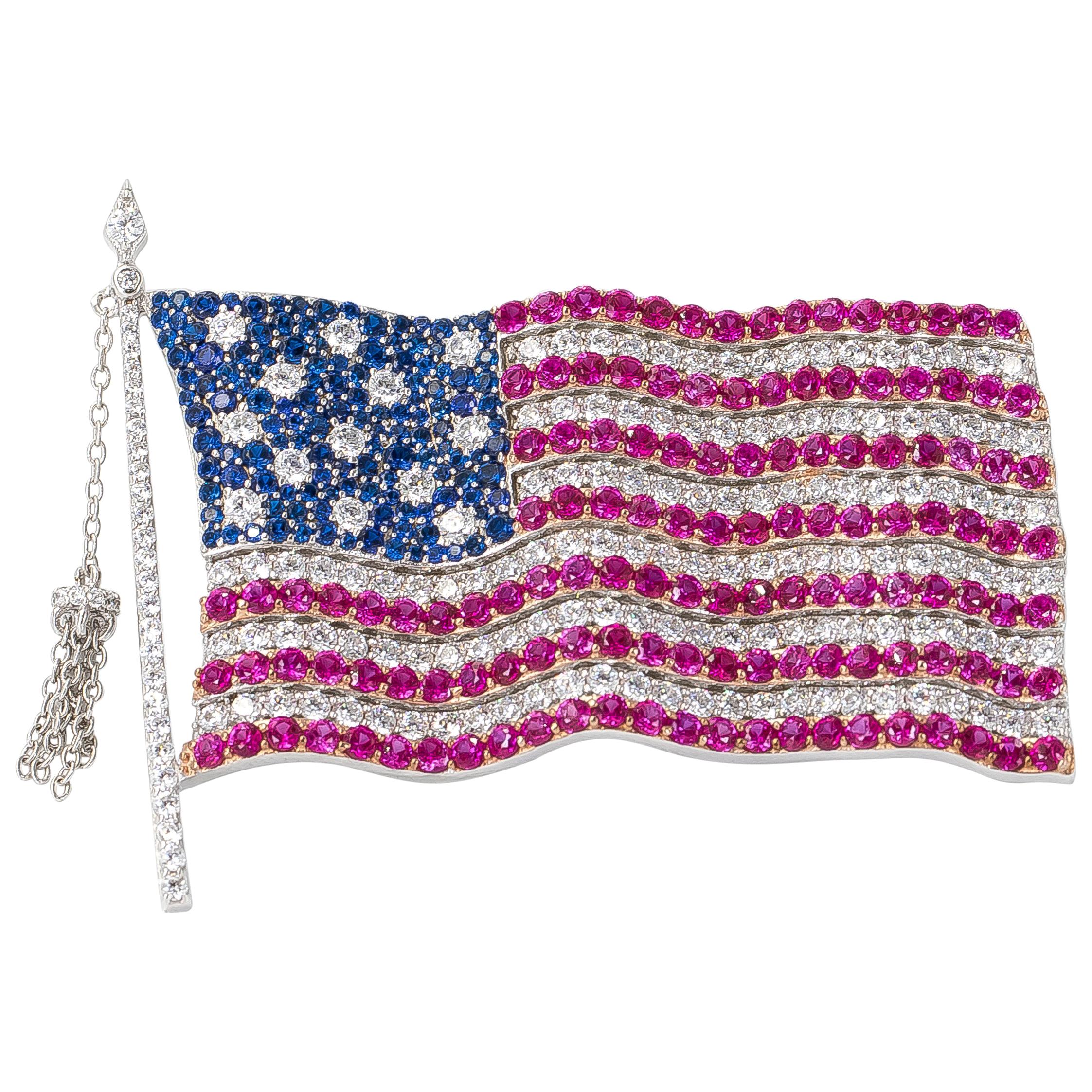 Handmade American Flag Brooch with Cubic Zirconia Gem Set