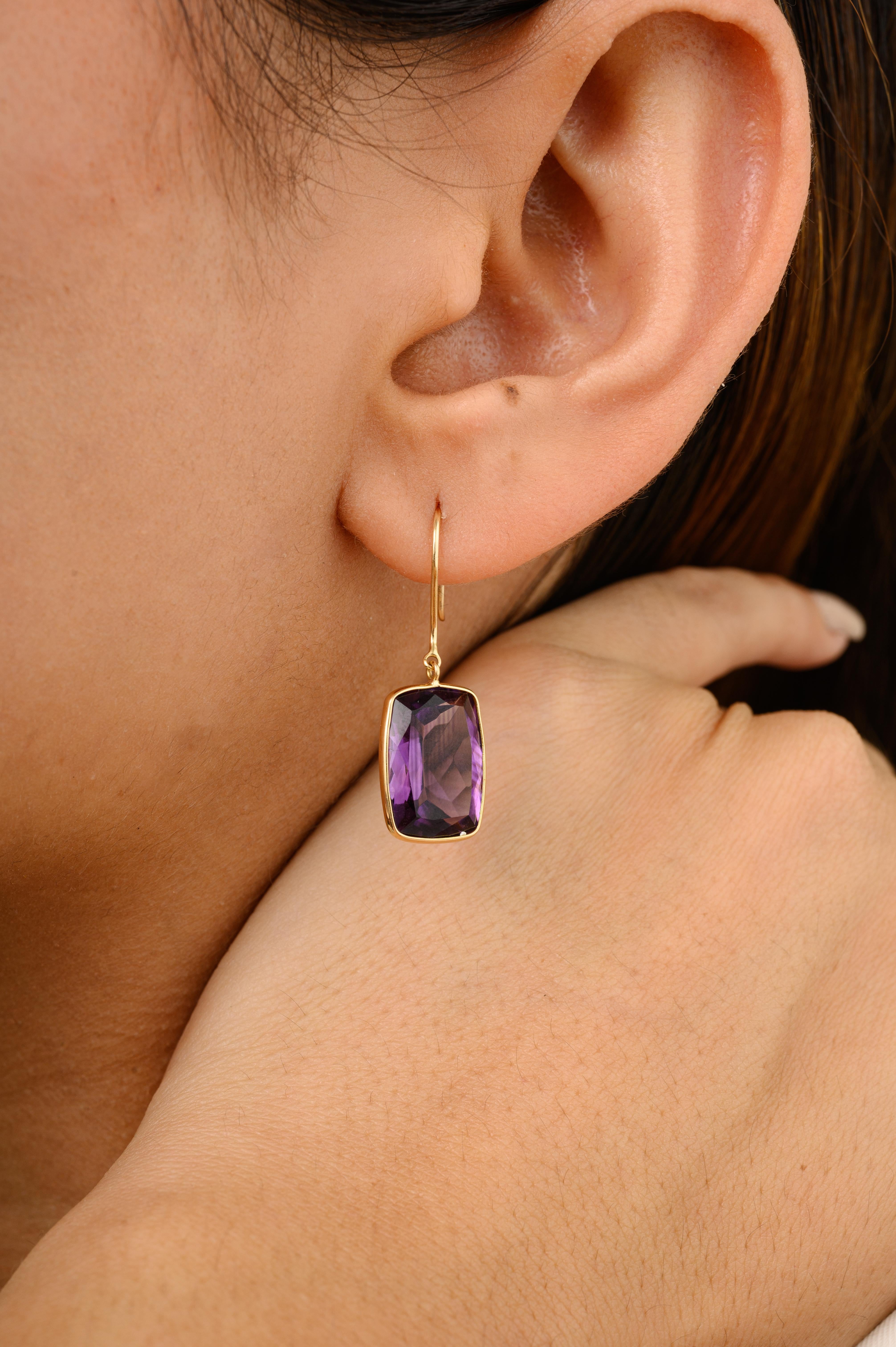 Handmade Amethyst Drop Earrings Gift for Mom in 18K Gold to make a statement with your look. You shall need drop earrings to make a statement with your look. These earrings create a sparkling, luxurious look featuring octagon cut amethyst.
Amethyst