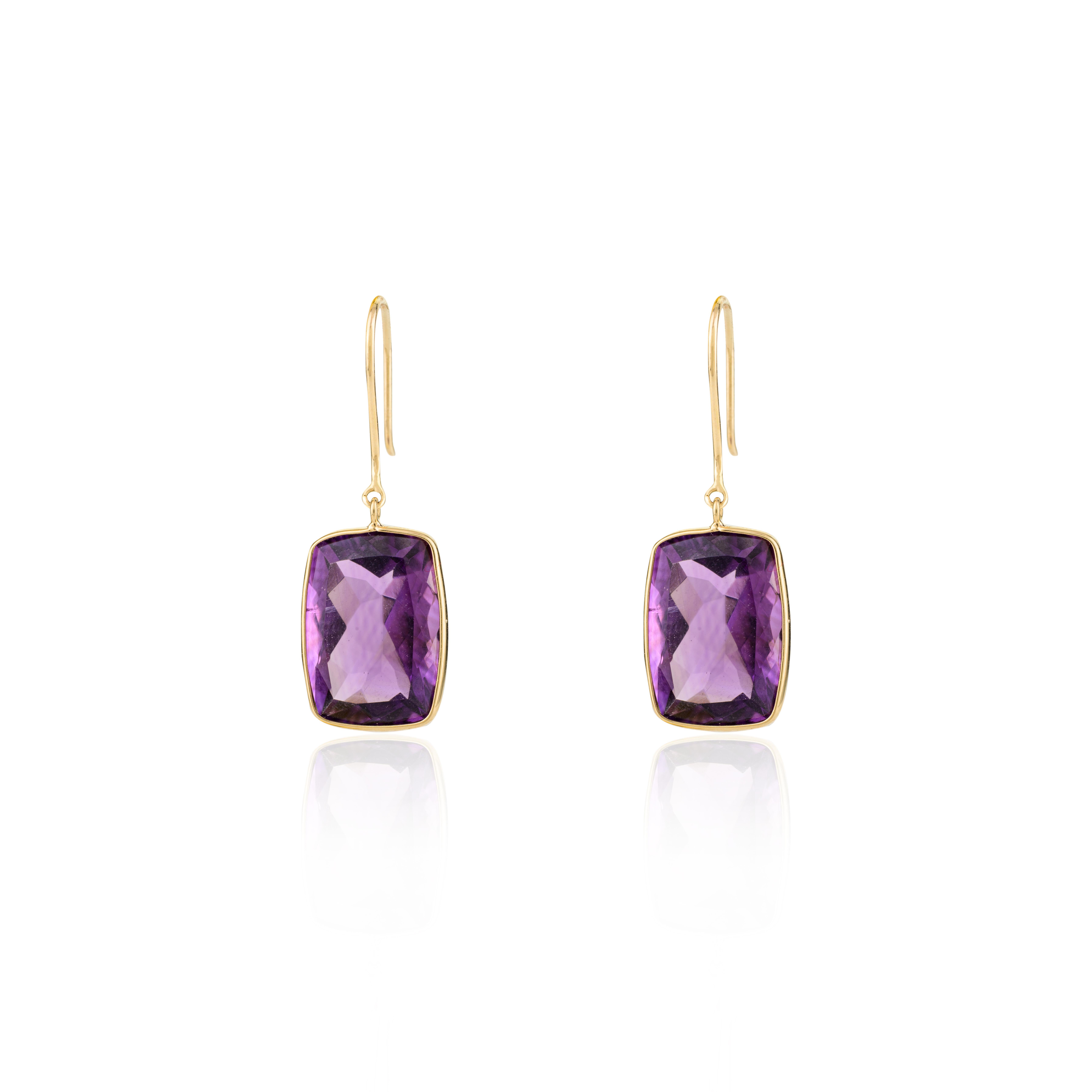 Art Deco Handmade Amethyst Drop Earrings Gift for Mom in 18k Solid Yellow Gold For Sale