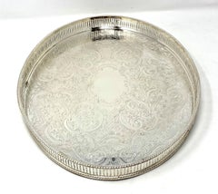 Handmade and Engraved English Silver Plated Footed Oval Tray with Gallery