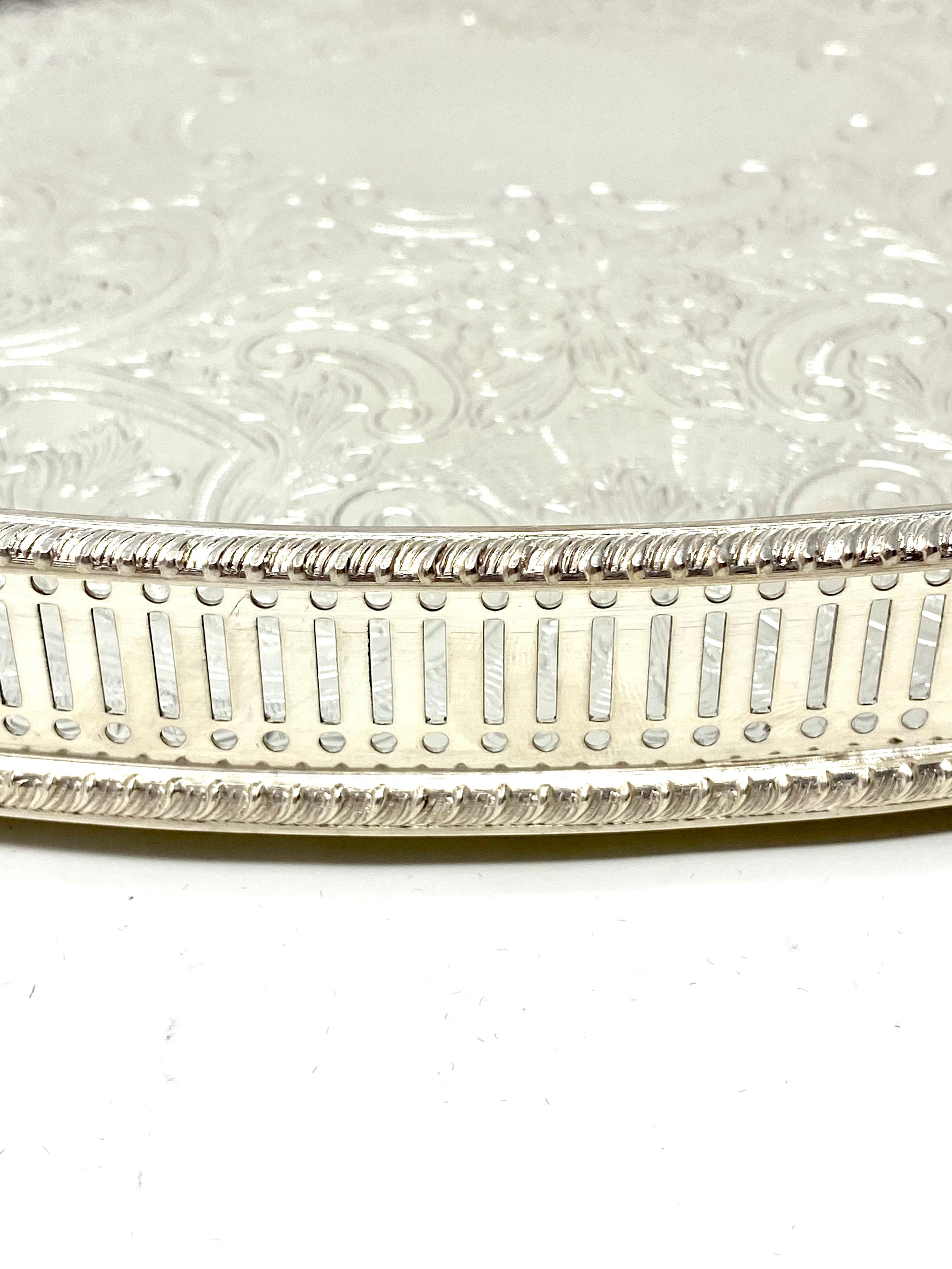20th Century Handmade and Engraved English Silver Plated Footed Oval Tray with Gallery