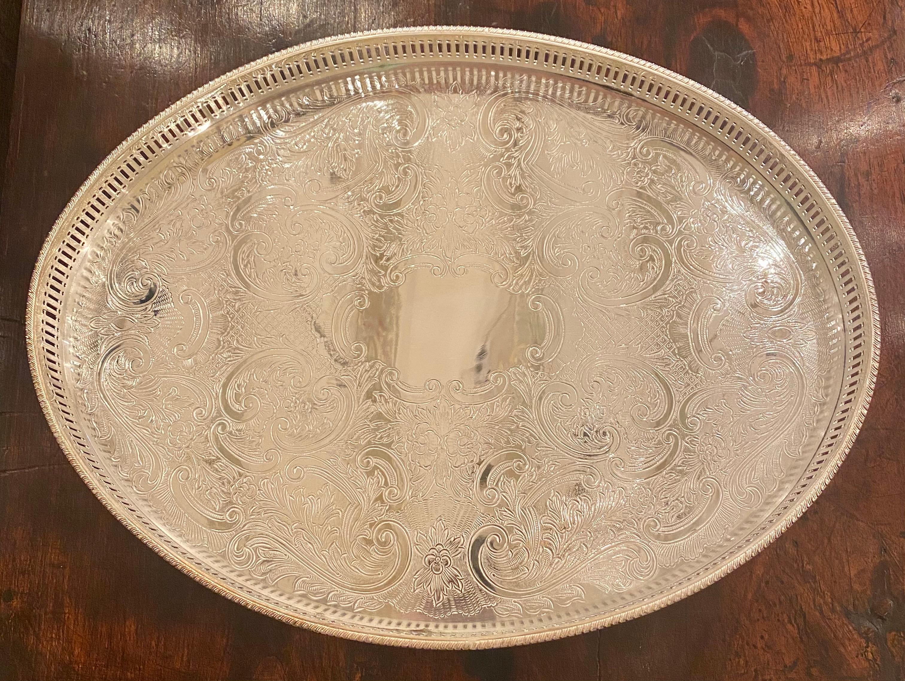 Handmade and Engraved English Silver Plated Footed Oval Tray with Gallery 1