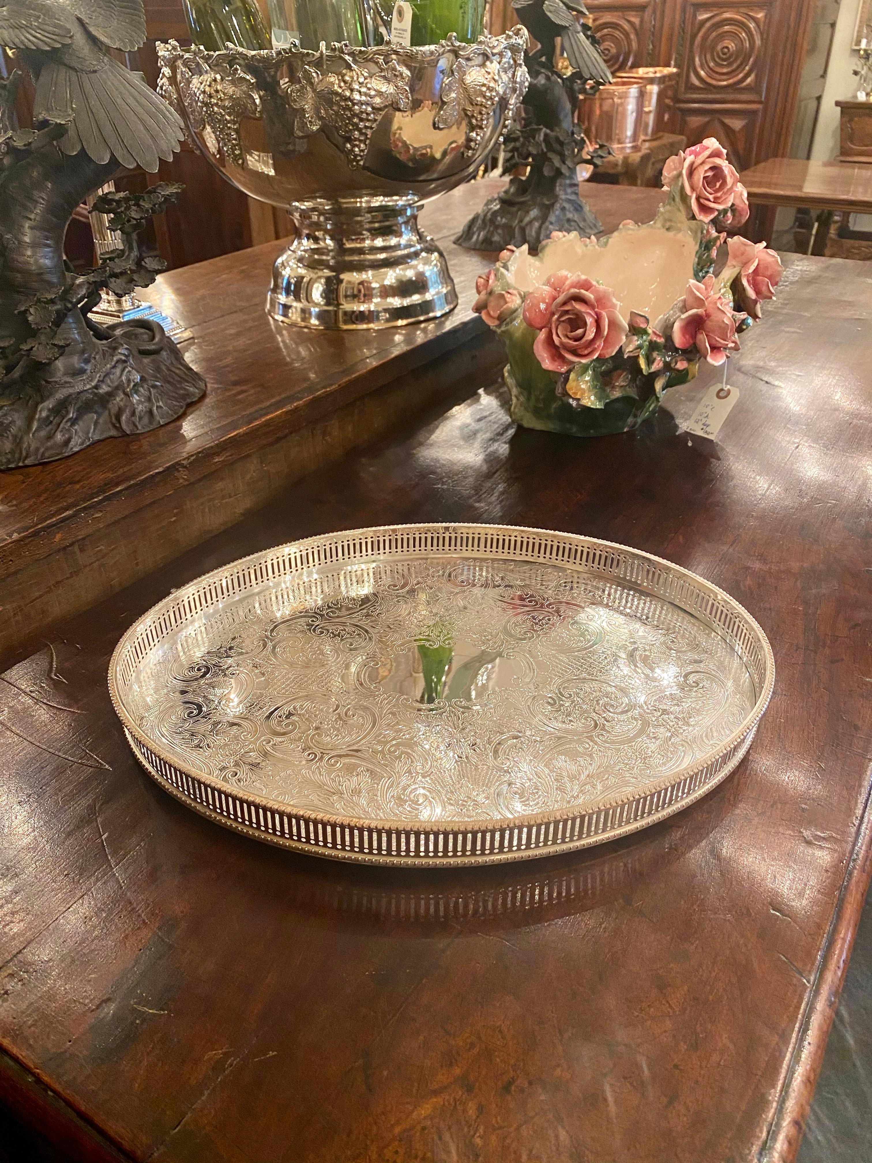 Handmade and Engraved English Silver Plated Footed Oval Tray with Gallery 4