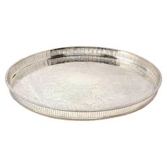 Handmade and Engraved English Silver Plated Footed Oval Tray with Gallery