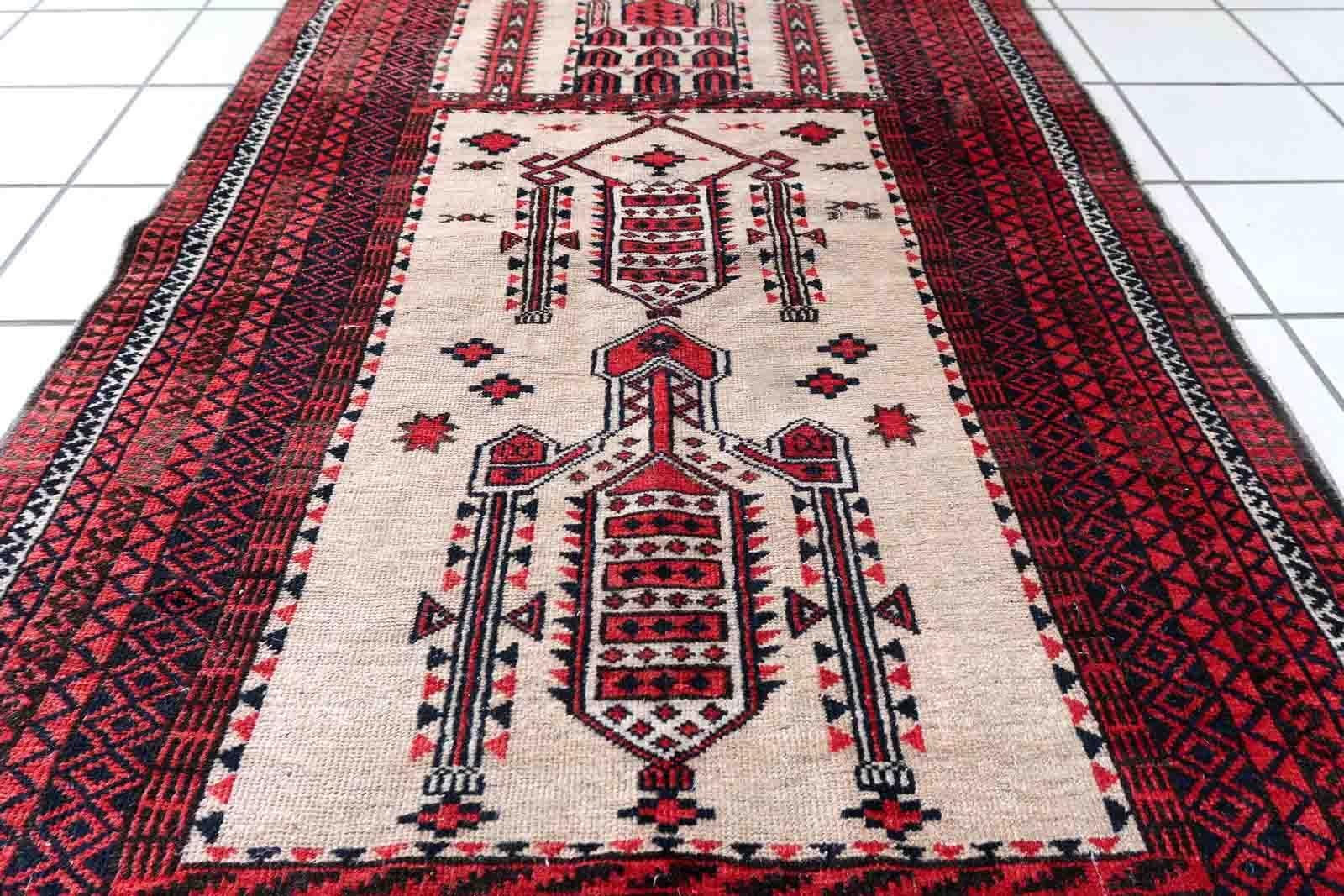 Handmade antique Afghan rug from Baluchi region. This prayer rug made in the beginning of 20th century, it is in original condition, has some low pile. 

-condition: original, some low pile,

-circa: 1910s,

-size: 2.8' x 4.2' (86cm x