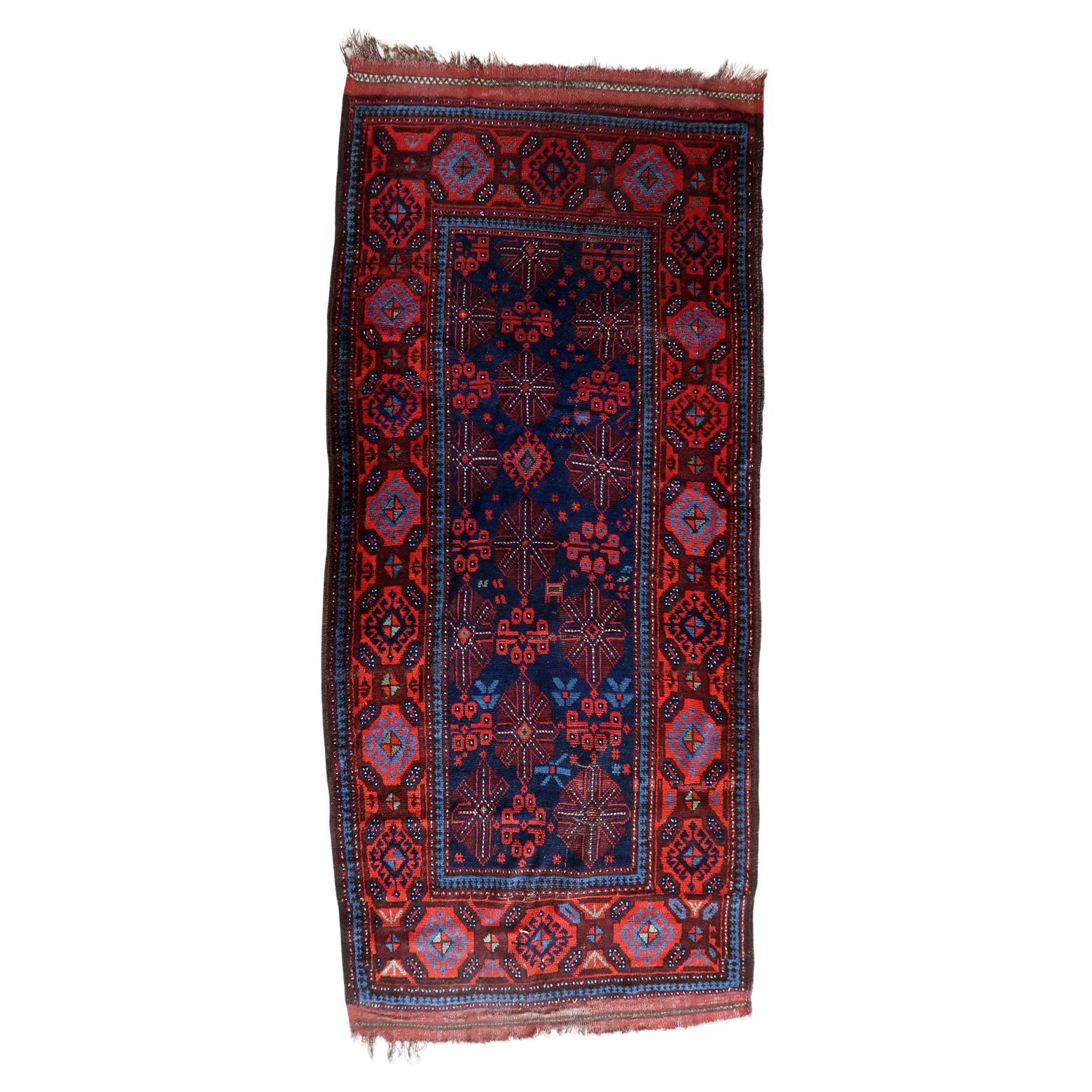 Handmade Antique Afghan Baluch Rug 3.1' x 7.1' 1880s - 1C1168