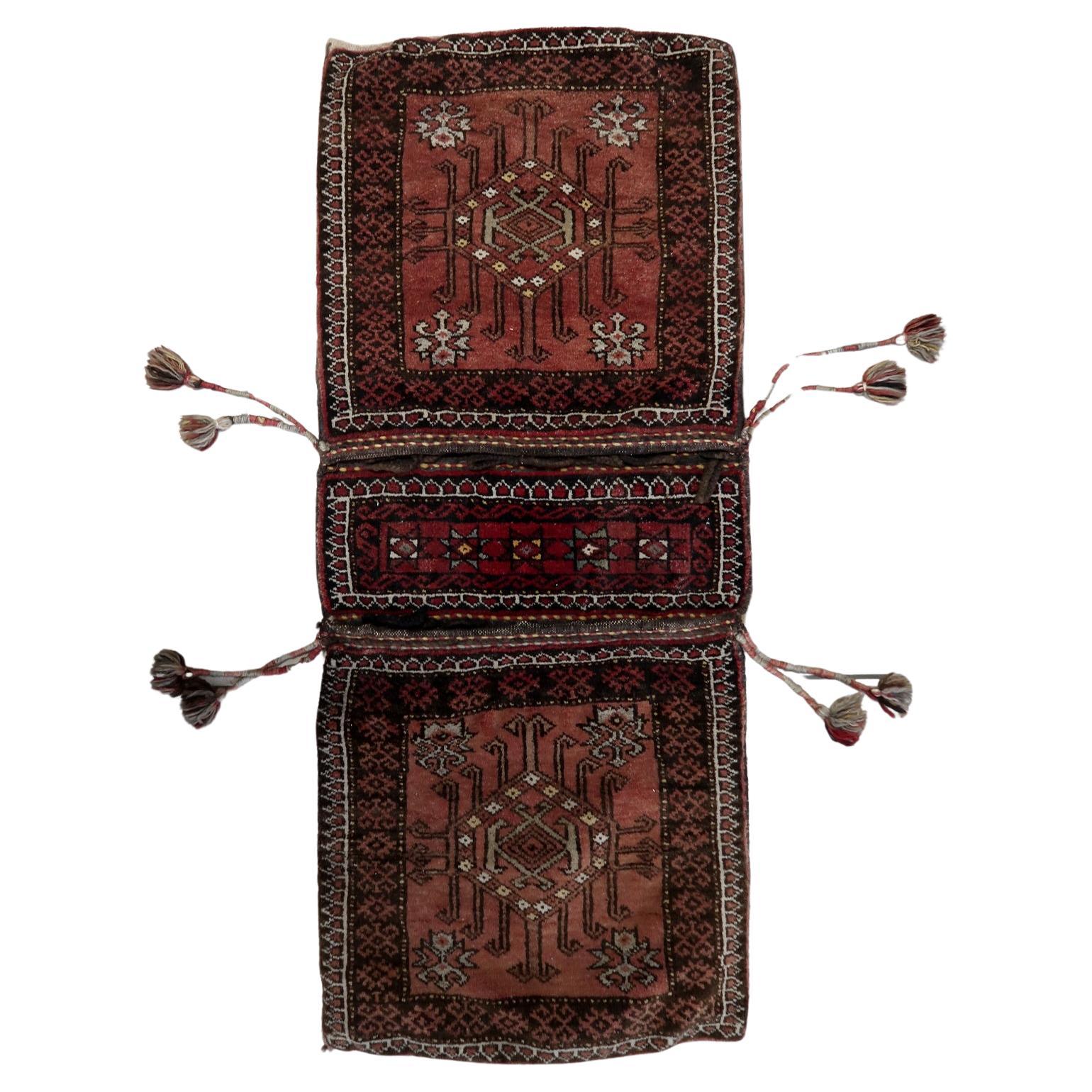 Handmade Antique Afghan Baluch Saddle Bag 1.6' x 3.8', 1930s - 1C1126 For Sale