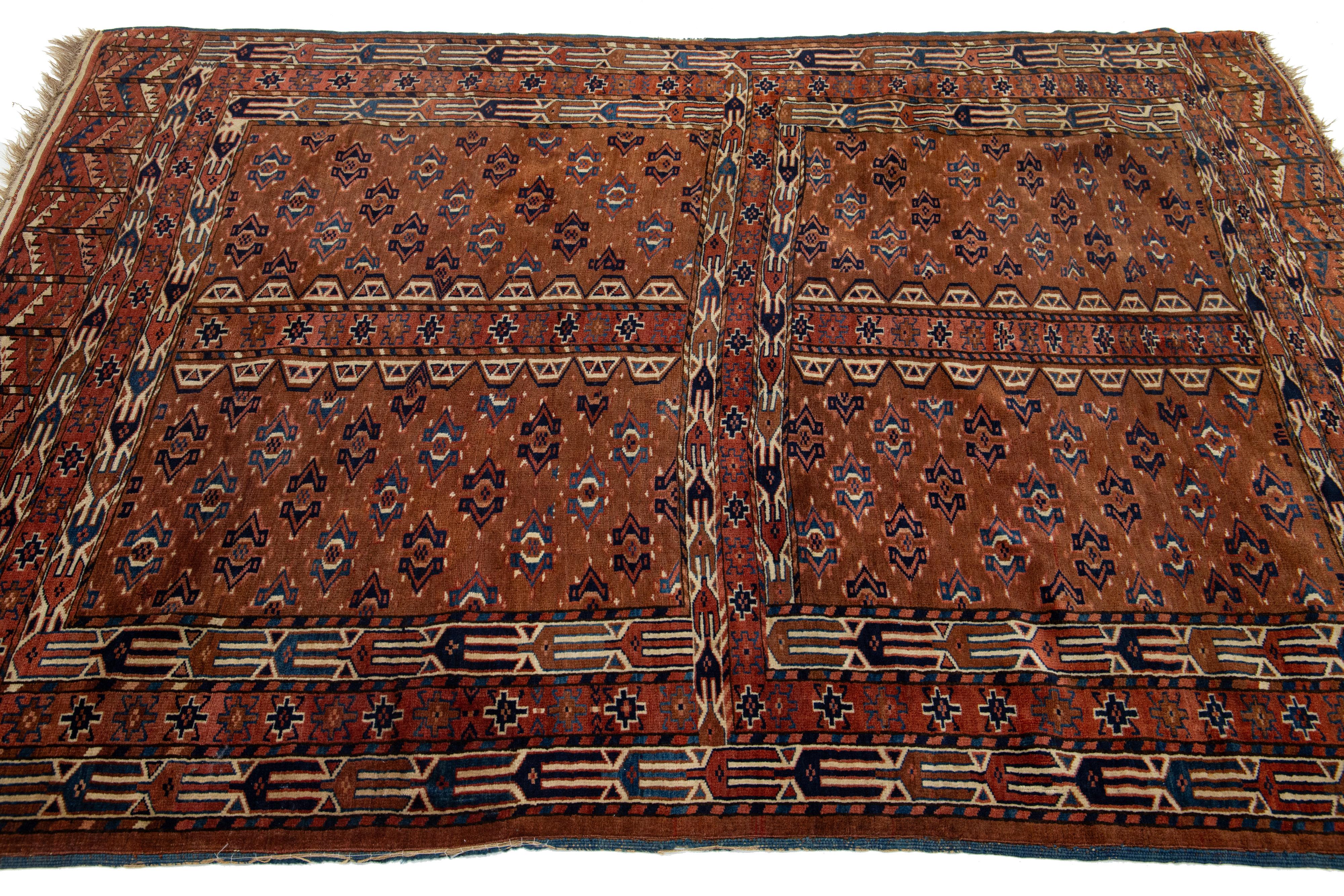 Handmade Antique Afghan Yamoud Wool Rug In Brown With Allover Pattern  In Excellent Condition For Sale In Norwalk, CT