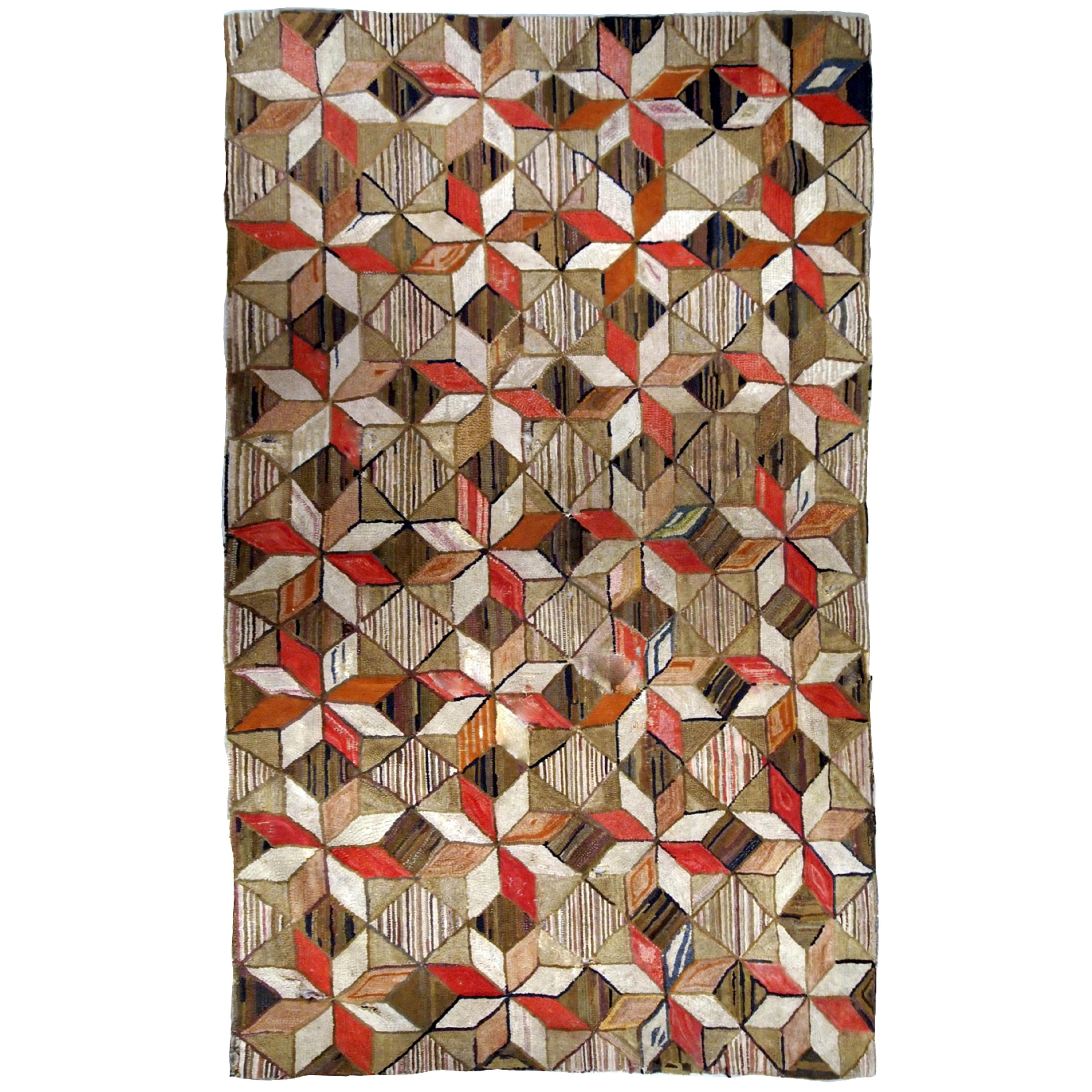 Handmade Antique American Hooked Geometric Rug, 1900s, 1B654