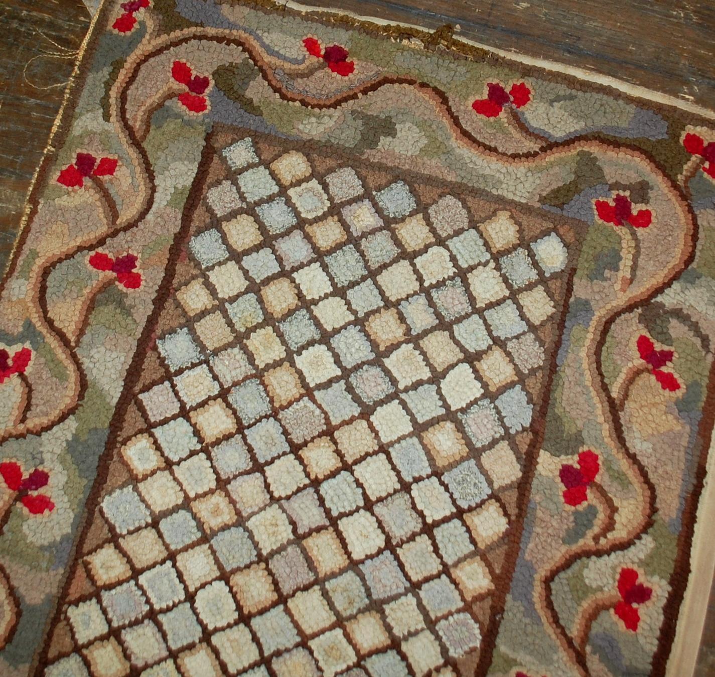 Hand-Knotted Handmade Antique American Hooked Runner, 1880s, 1B509