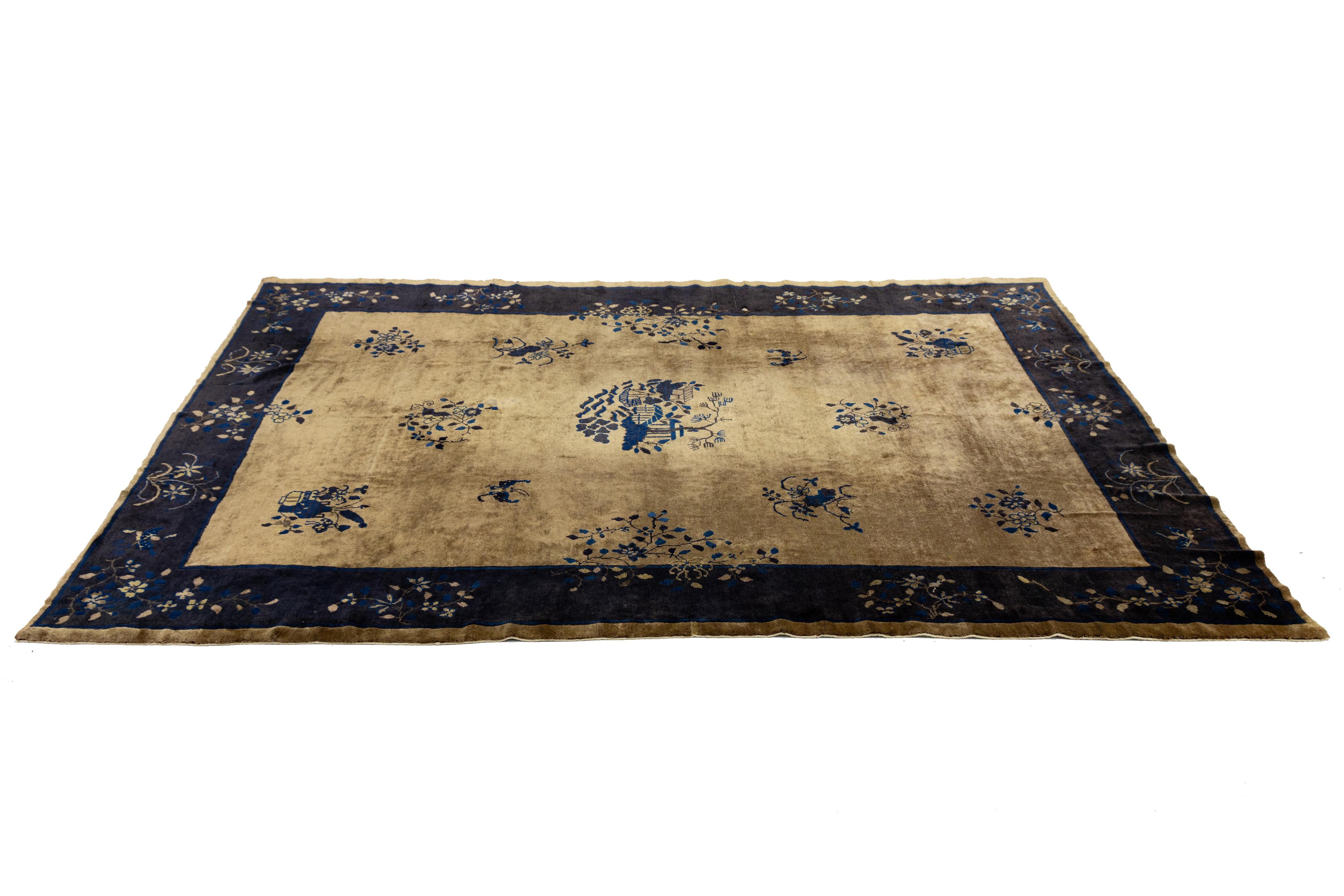 Handgefertigter antiker Art Deco Wollteppich mit klassischem chinesischen Design im Angebot 3
