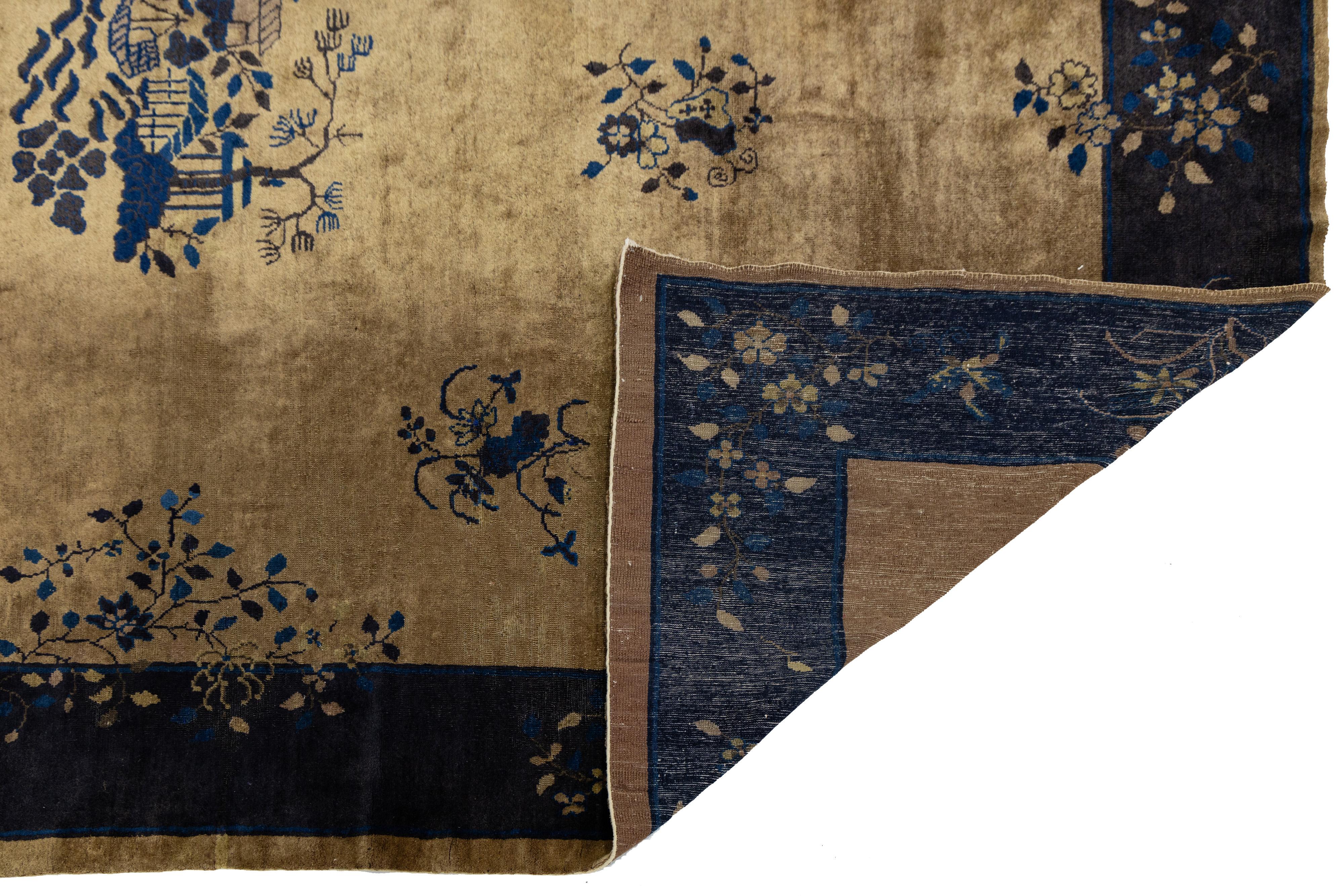 Handgefertigter antiker Art Deco Wollteppich mit klassischem chinesischen Design (Art déco) im Angebot