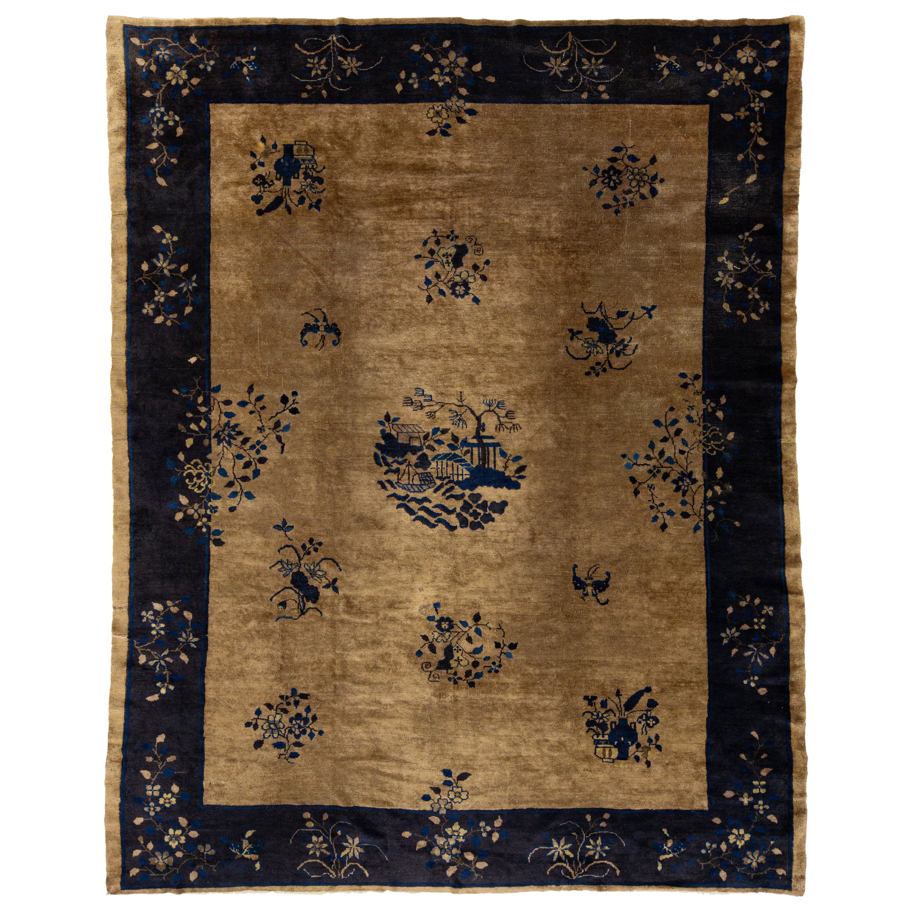Handgefertigter antiker Art Deco Wollteppich mit klassischem chinesischen Design im Angebot