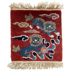 Handmade Antique Art Deco Chinese Mat Rug 11" x 12", 1920s - 1N07