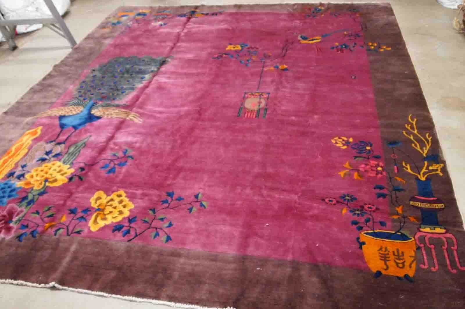 Handgefertigter antiker chinesischer Art-Déco-Teppich, 1920er Jahre, 1B885 im Zustand „Gut“ im Angebot in Bordeaux, FR