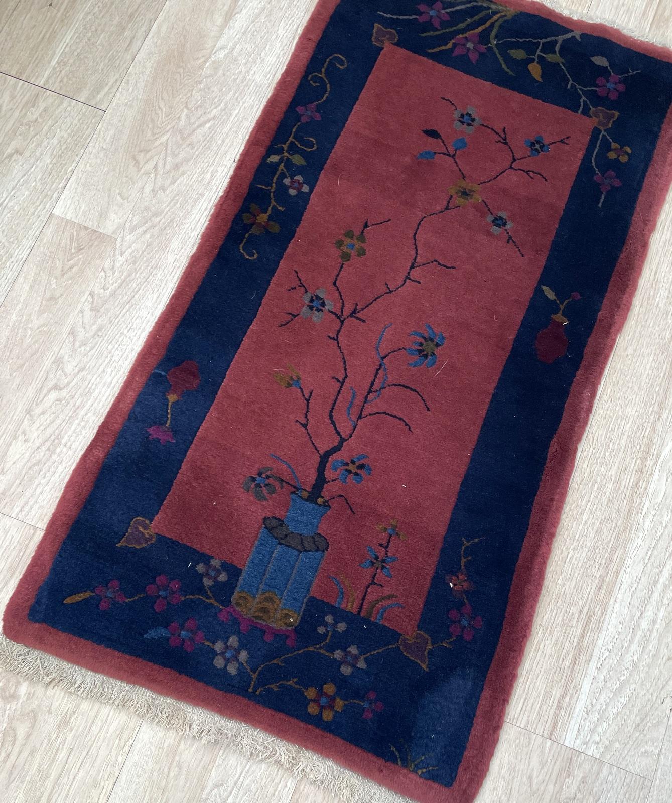 Annodato a mano Tappeto cinese antico Art Deco fatto a mano 2,1' x 4,1', anni '20 - 2B82 in vendita