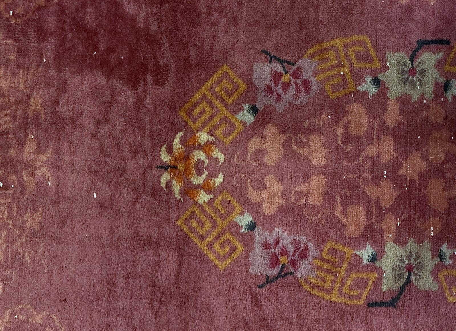 Noué à la main Tapis chinois Art Déco ancien fait à la main 3.1' x 4,10' 1920s - 2B61 en vente