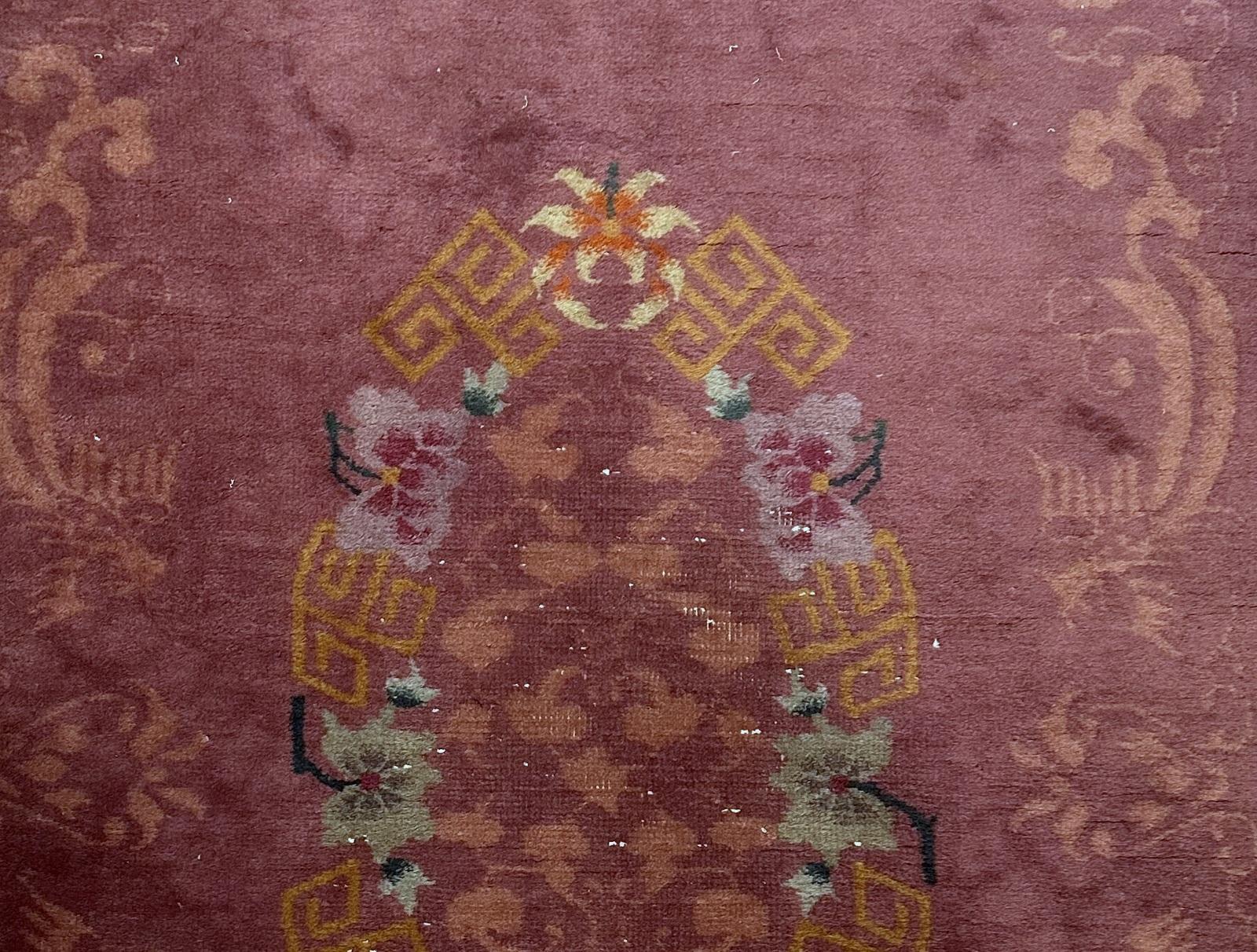 Début du 20ème siècle Tapis chinois Art Déco ancien fait à la main 3.1' x 4,10' 1920s - 2B61 en vente