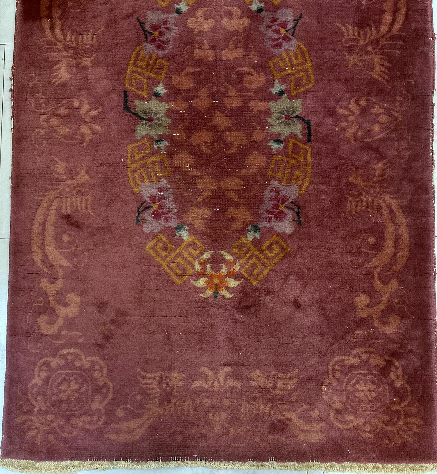 Laine Tapis chinois Art Déco ancien fait à la main 3.1' x 4,10' 1920s - 2B61 en vente