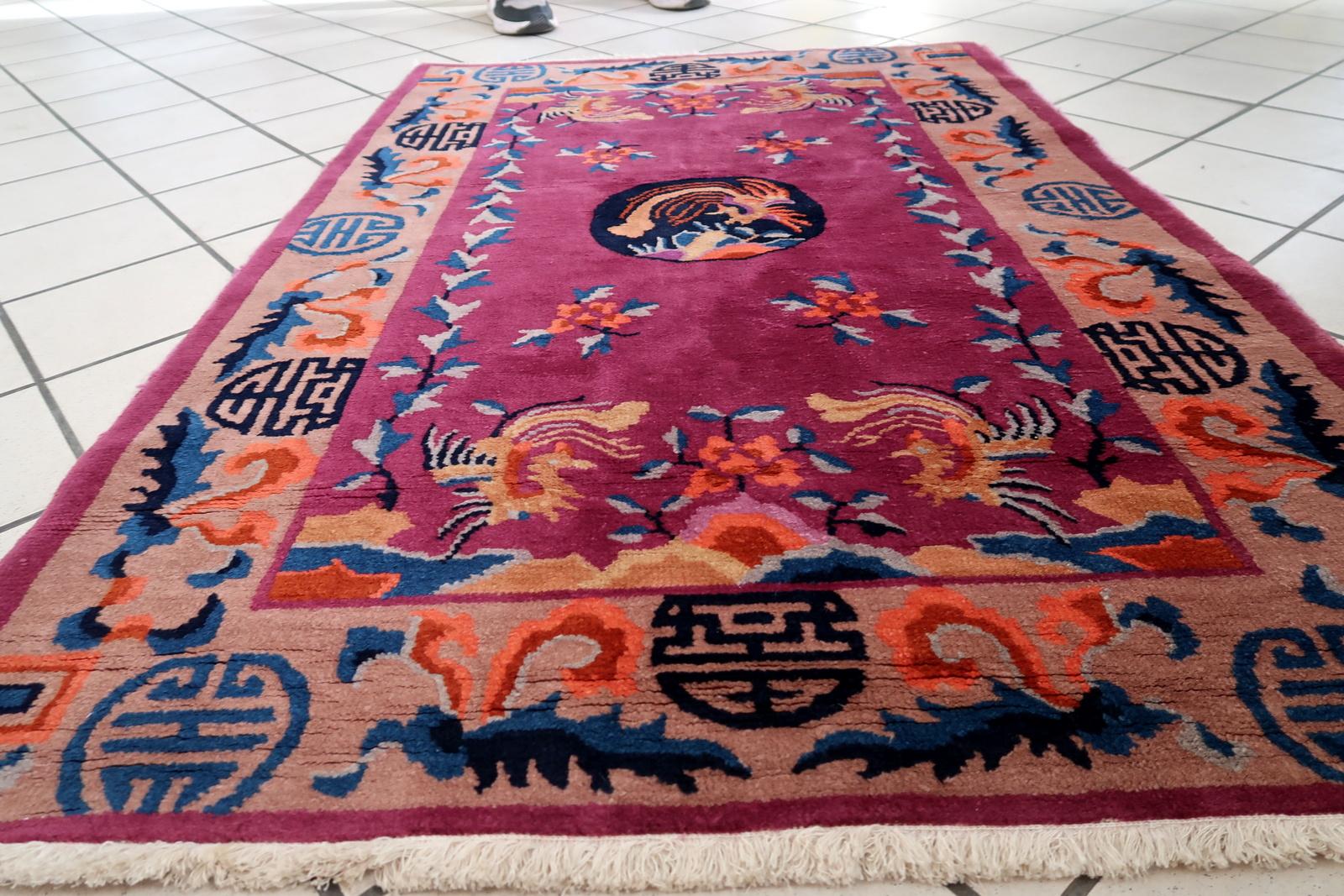 Handmade Antique Art Deco Chinese Rug 3.1' x 4.5', 1920s - 1C1134 For Sale 5