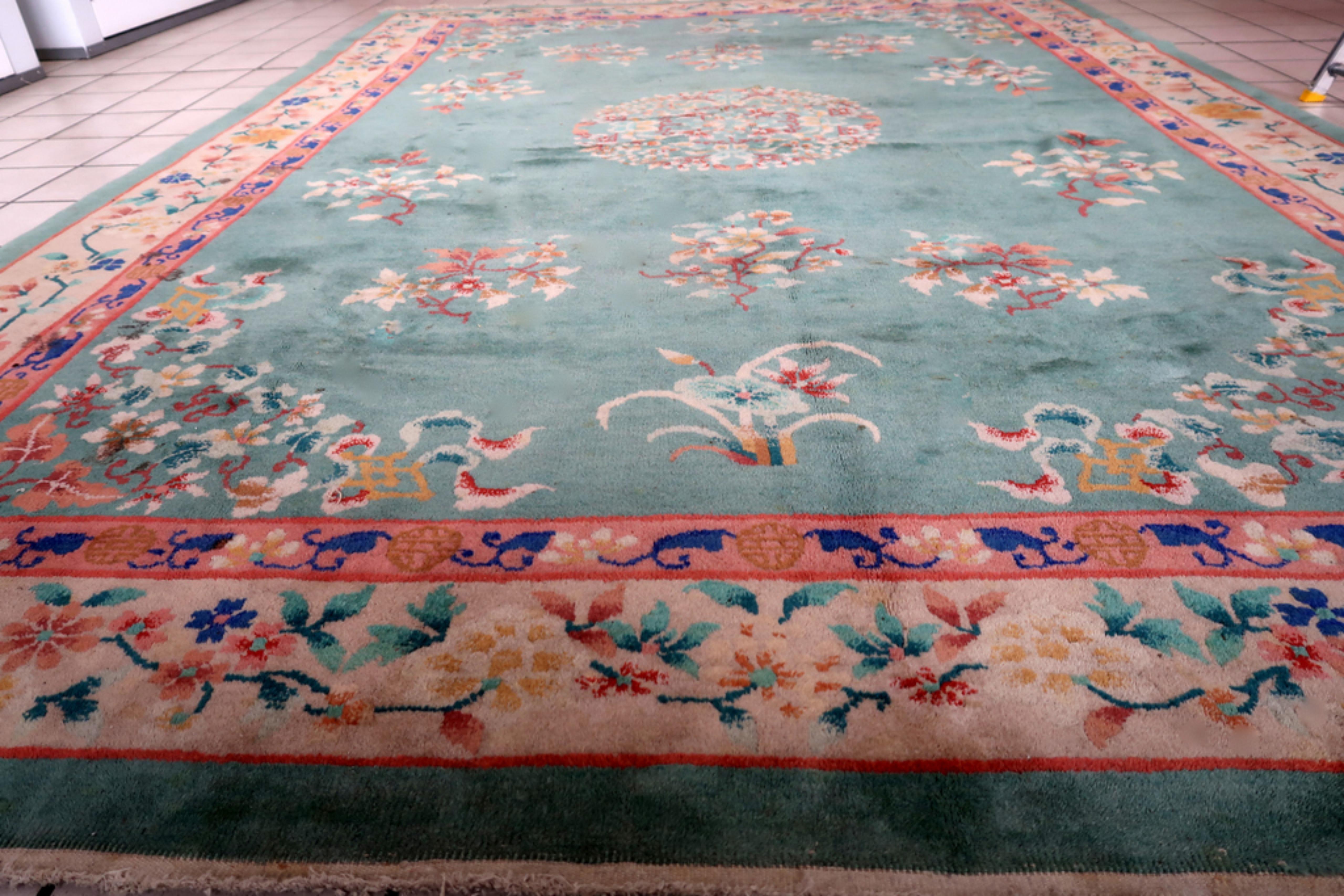 Début du 20ème siècle Tapis chinois Art Déco ancien fait à la main 7' x 9,6', années 1920 - 1C1102 en vente