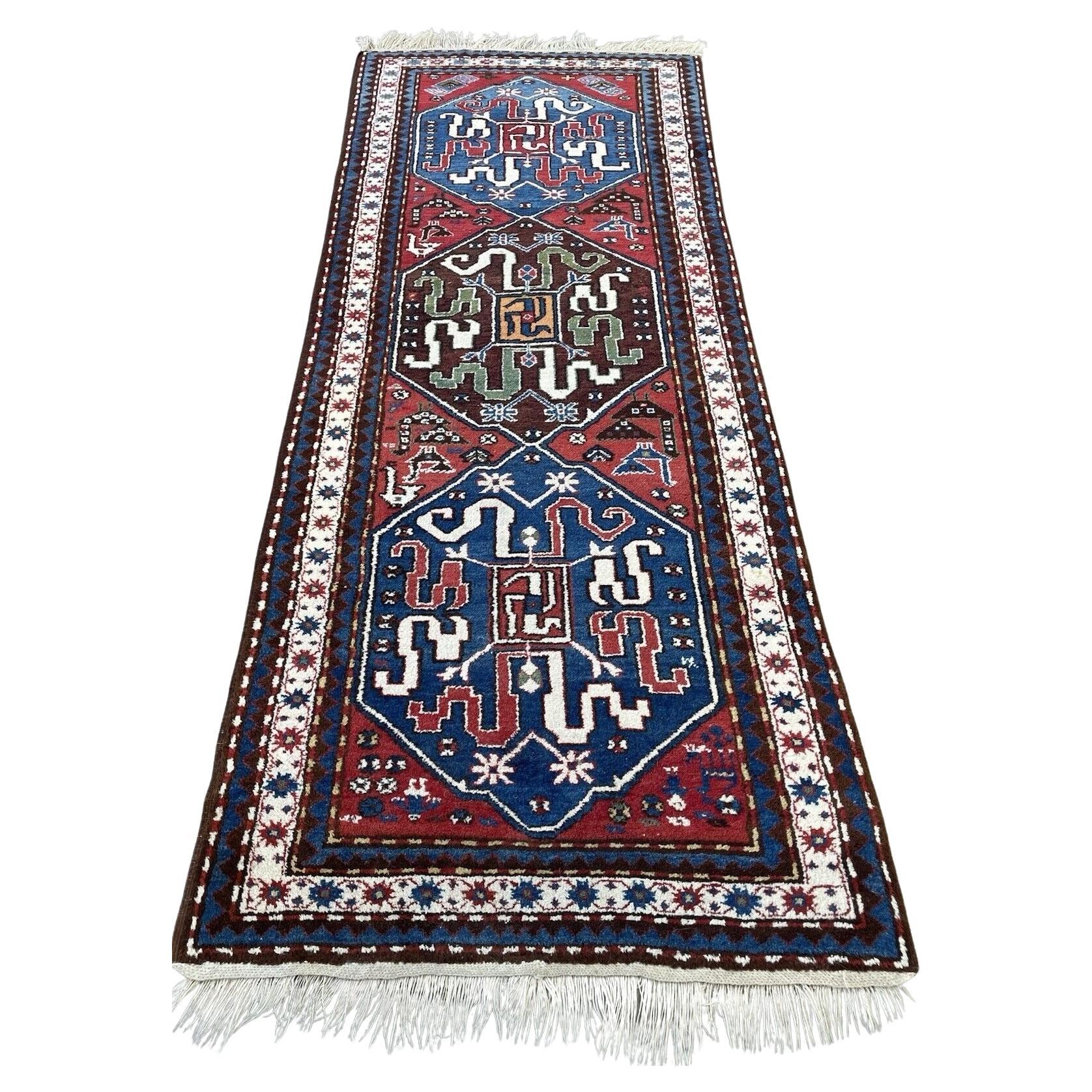 Alfombra antigua caucásica kazaka hecha a mano 3,7' x 9,2, años 20 - 1N95 en venta