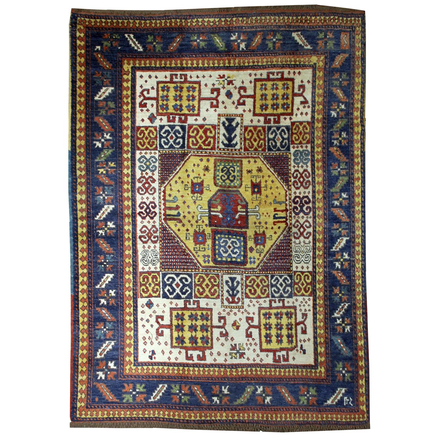 Handmade Antique Caucasian Kazak Karachov Rug, 1940s, 1B36