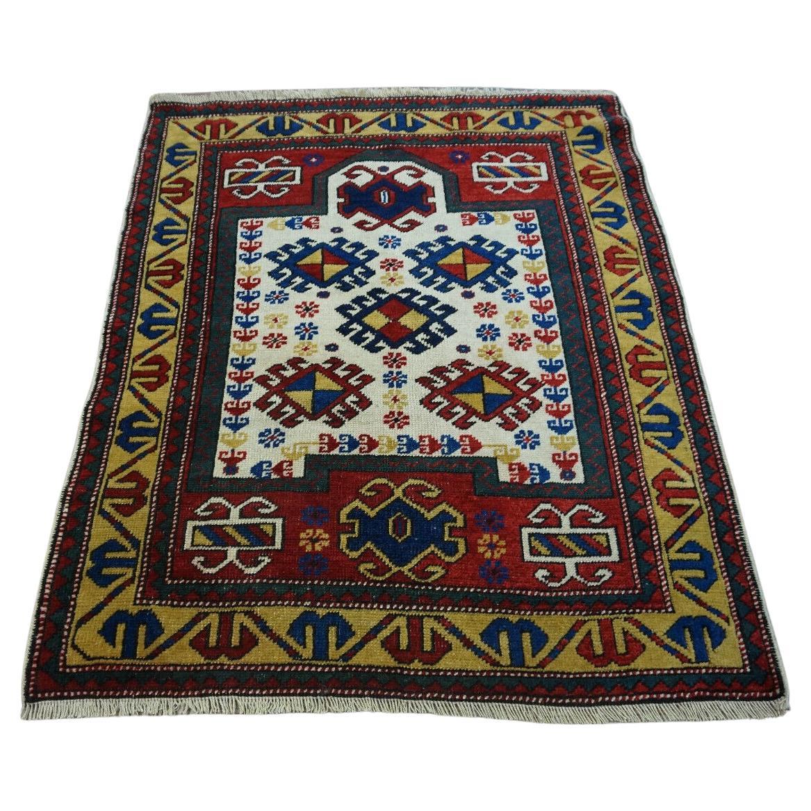 Handmade Antique Caucasian Kazak Prayer Rug 2.9' x 3.6', 1940s - 1D57 For Sale