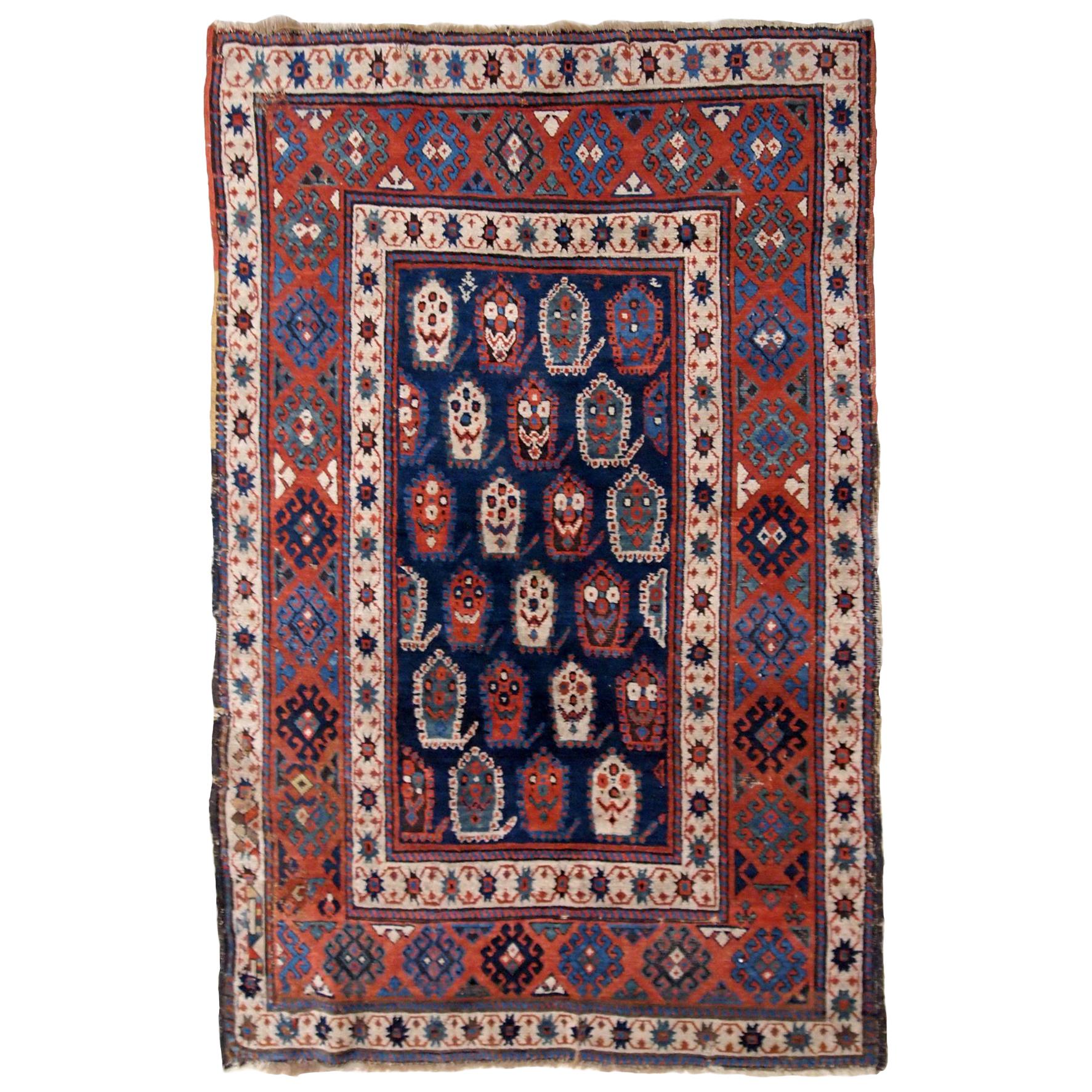 Handmade Antique Caucasian Kazak Rug, 1870s, 1B665