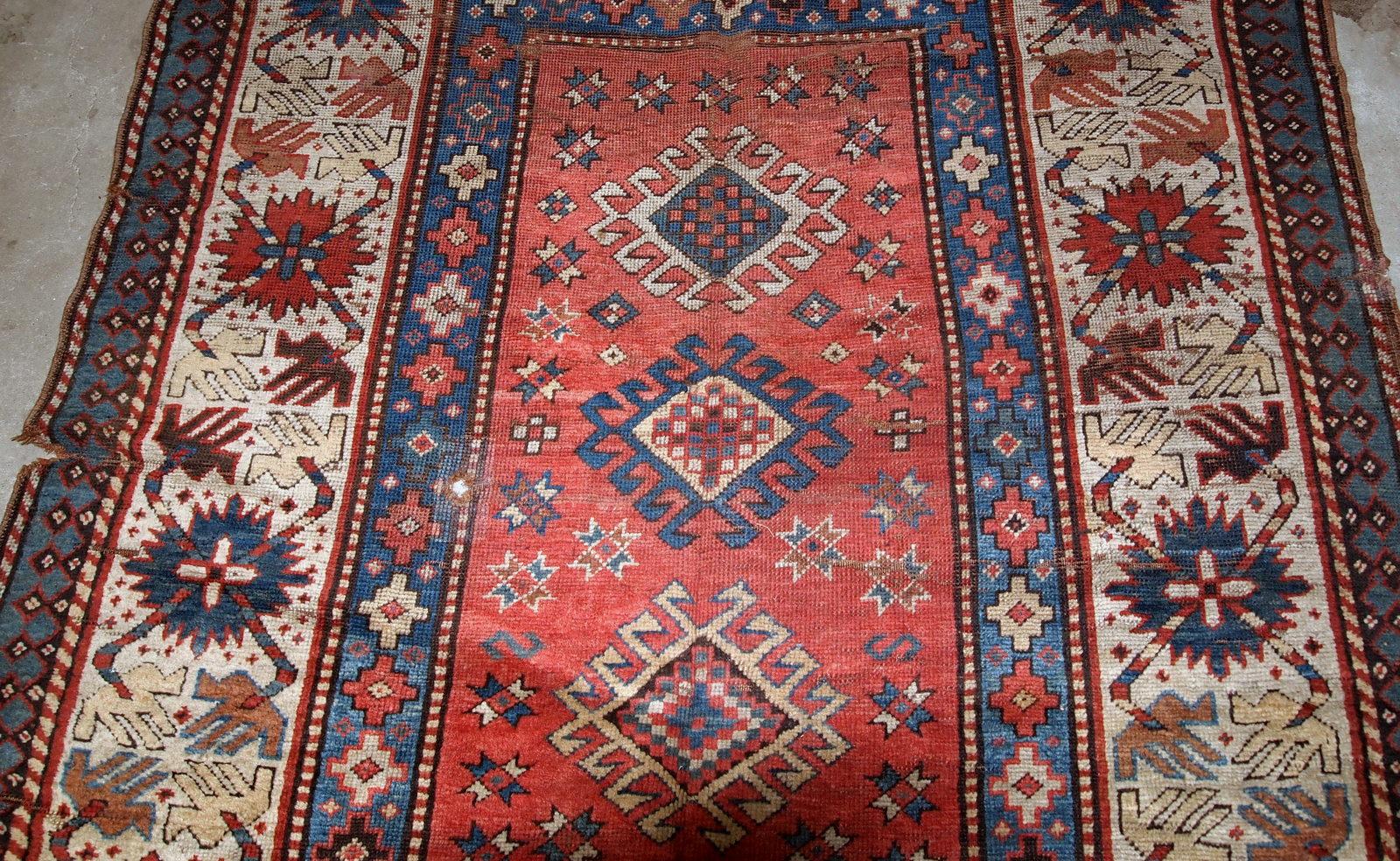 Hand-Knotted Handmade Antique Caucasian Kazak Rug, 1880s, 1B758 For Sale