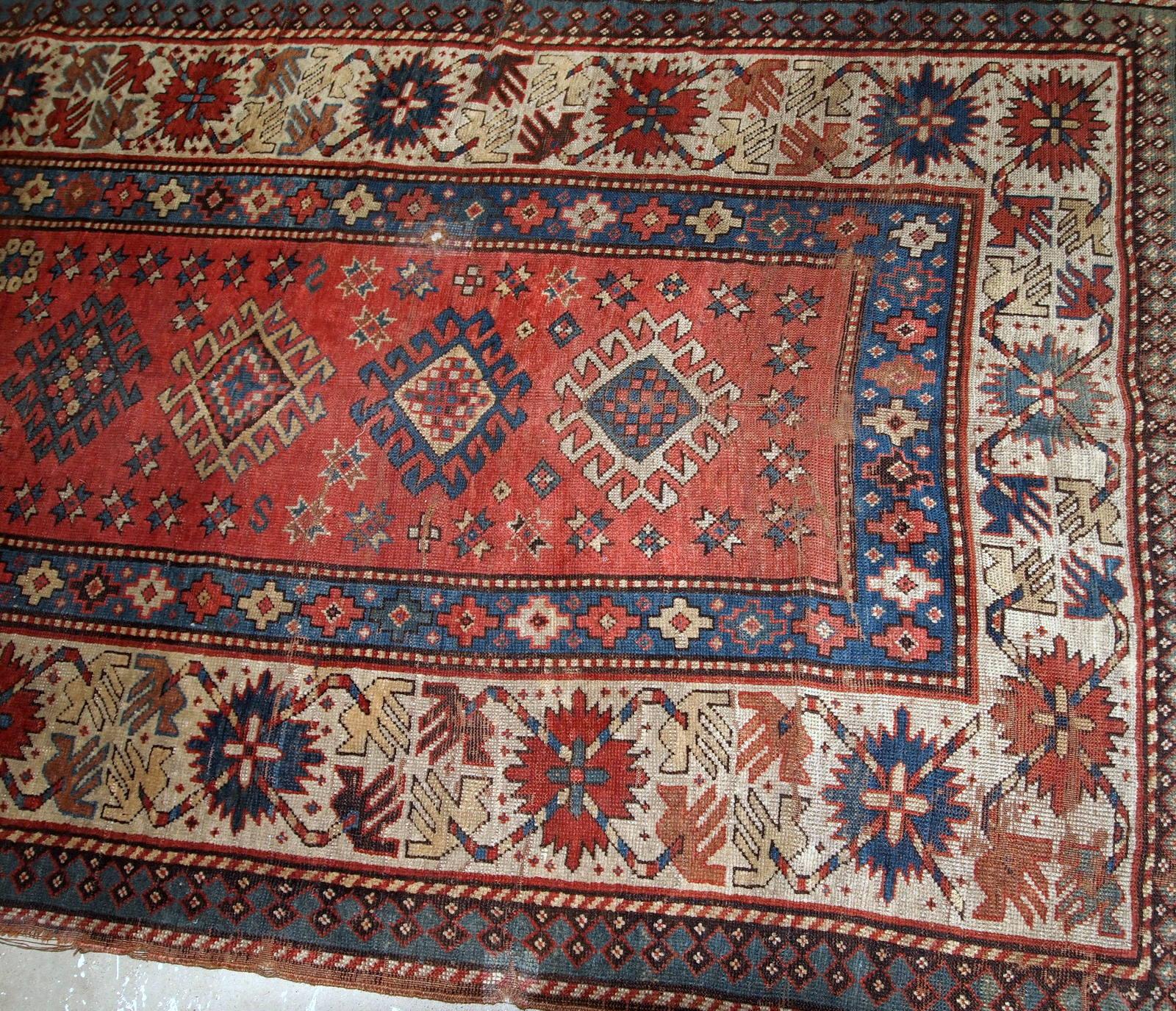 Late 19th Century Handmade Antique Caucasian Kazak Rug, 1880s, 1B758 For Sale