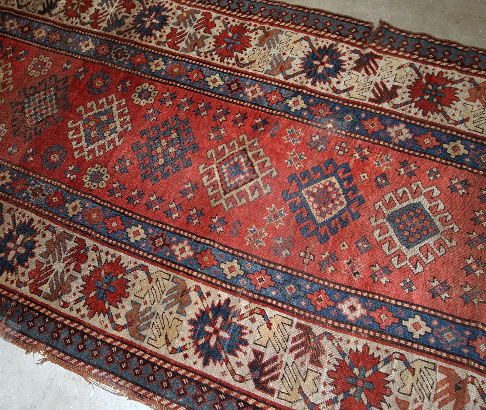 Wool Handmade Antique Caucasian Kazak Rug, 1880s, 1B758 For Sale