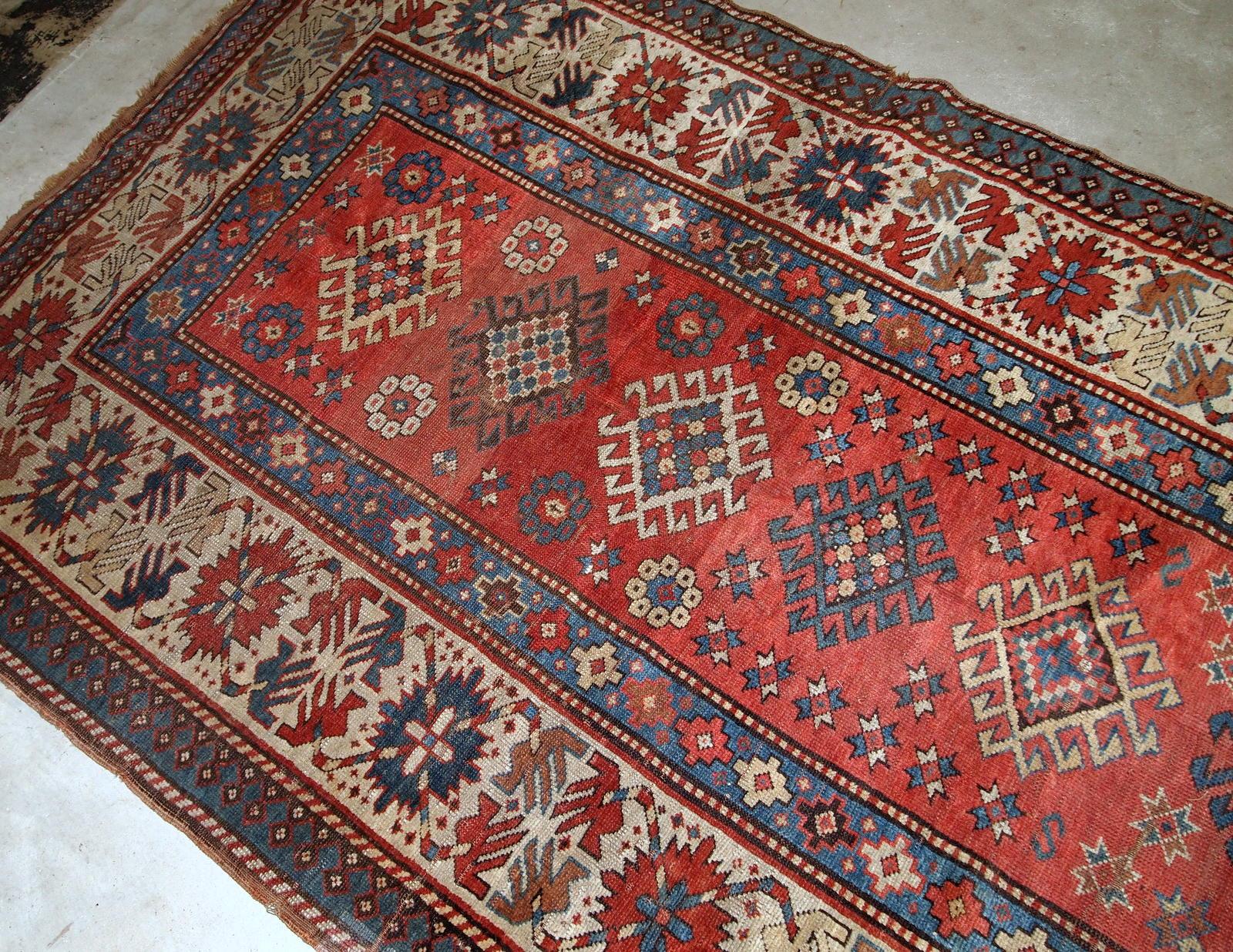 Handmade Antique Caucasian Kazak Rug, 1880s, 1B758 For Sale 1