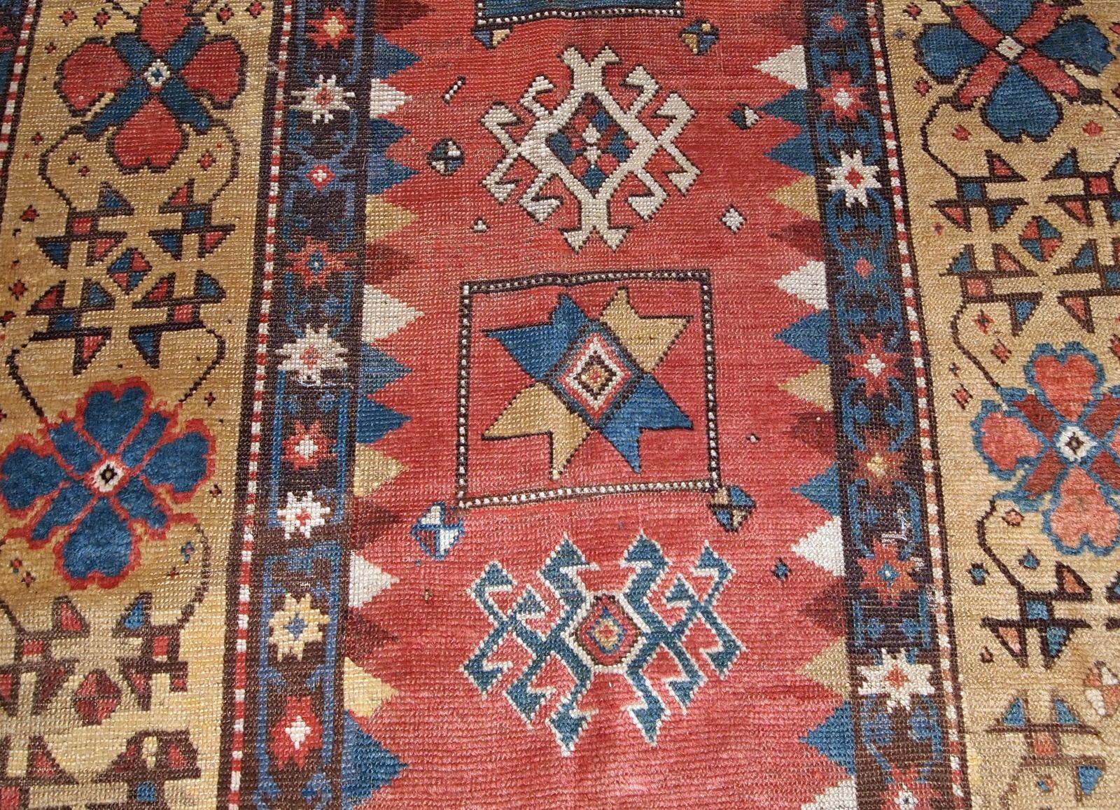 Hand-Knotted Handmade Antique Caucasian Kazak Rug, 1880s, 1B760 For Sale
