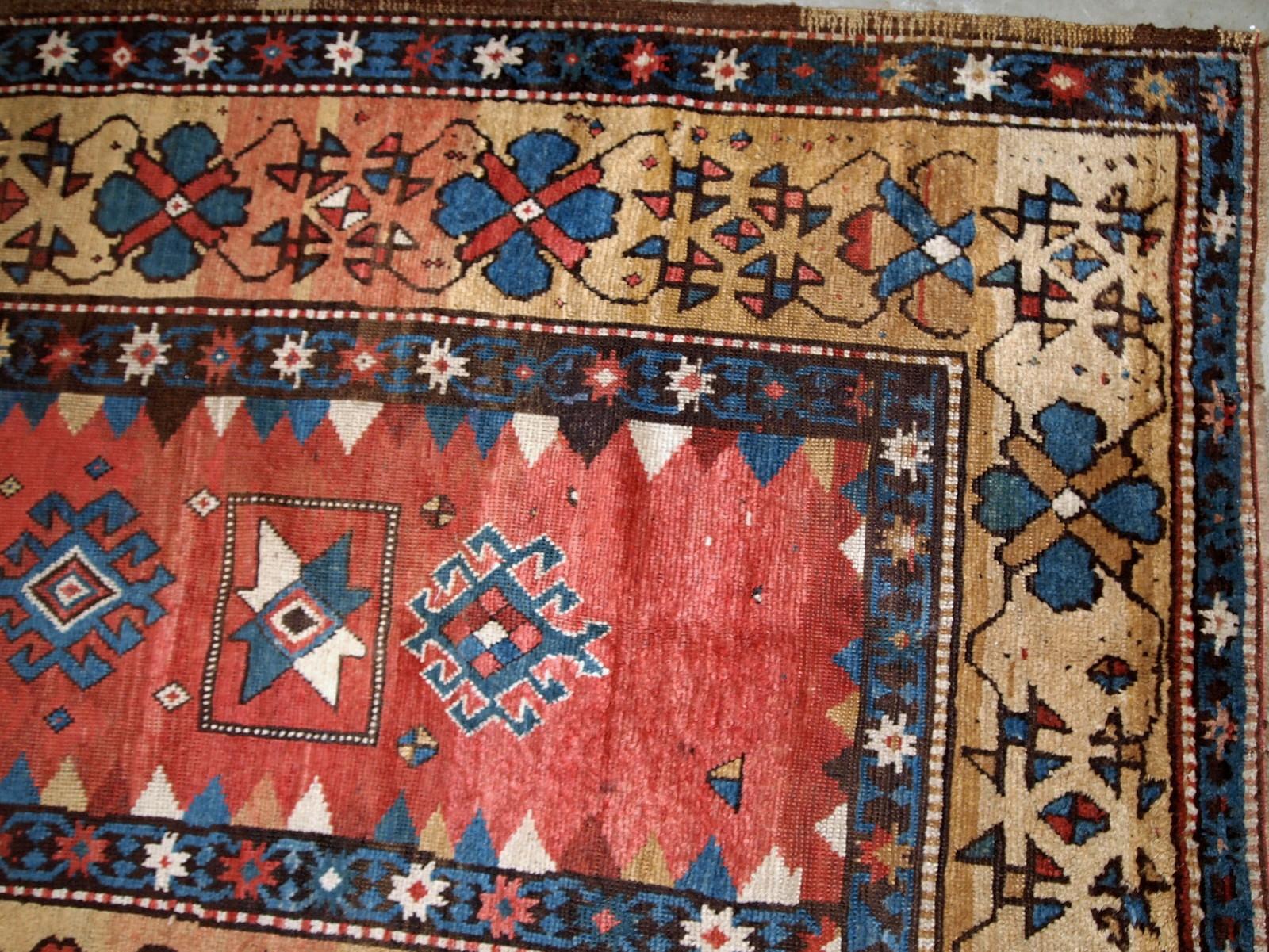 Wool Handmade Antique Caucasian Kazak Rug, 1880s, 1B760 For Sale