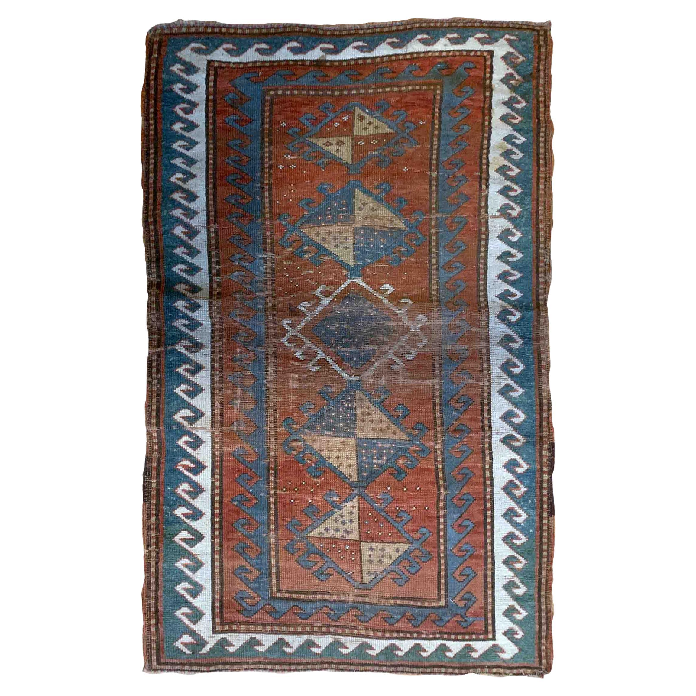 Handmade Antique Caucasian Kazak Rug, 1880s, 1b899 For Sale