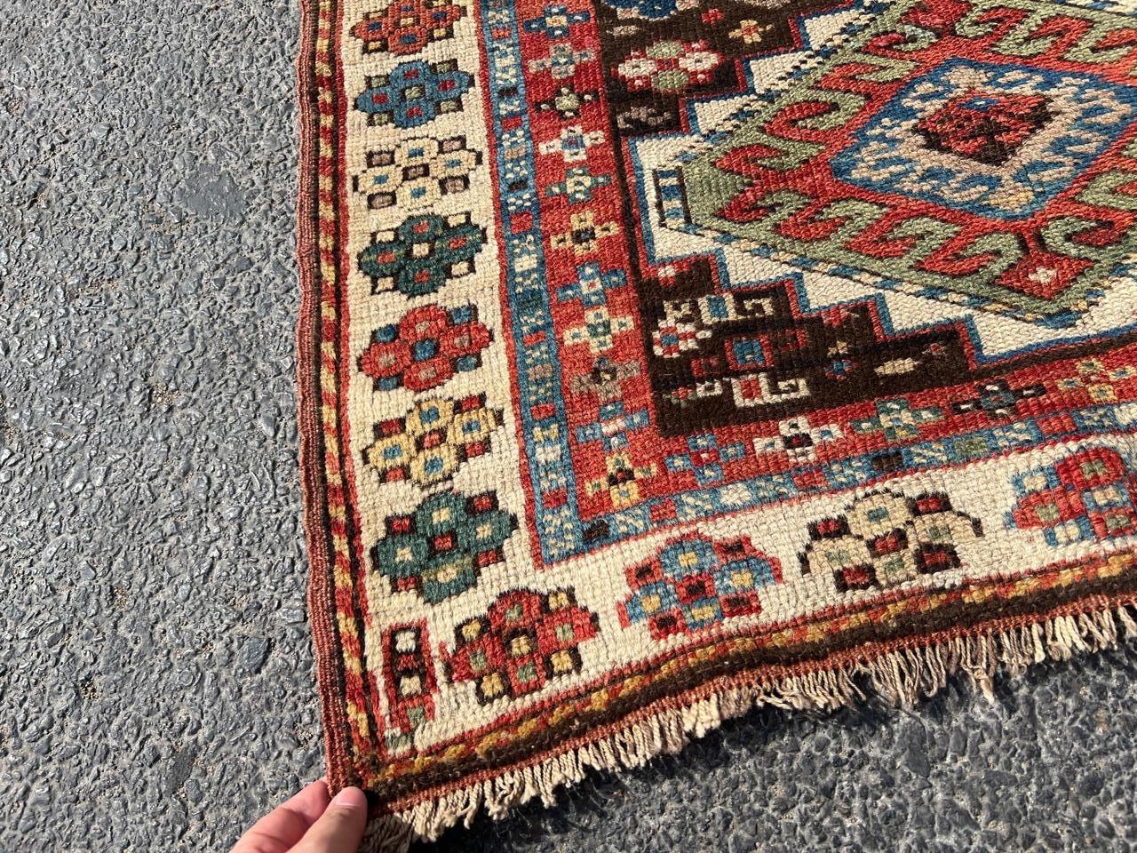 Wool Handmade Antique Caucasian Kazak Rug 3.5' x 6.5', 1880s - 2B75 For Sale