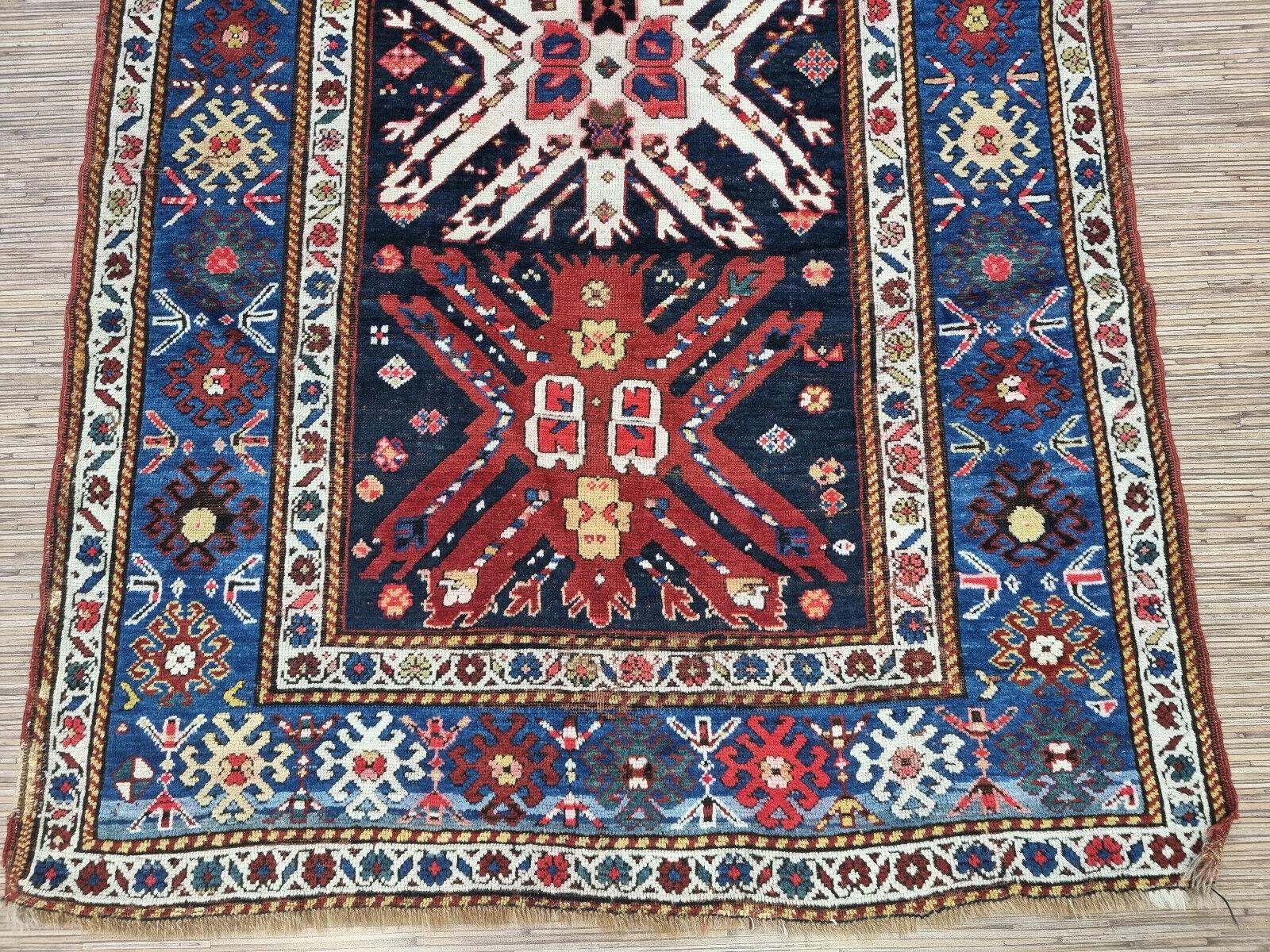 Handmade Antique Caucasian Kazak Rug 4.1' x 8.9', 1900s - 1D104 For Sale 1