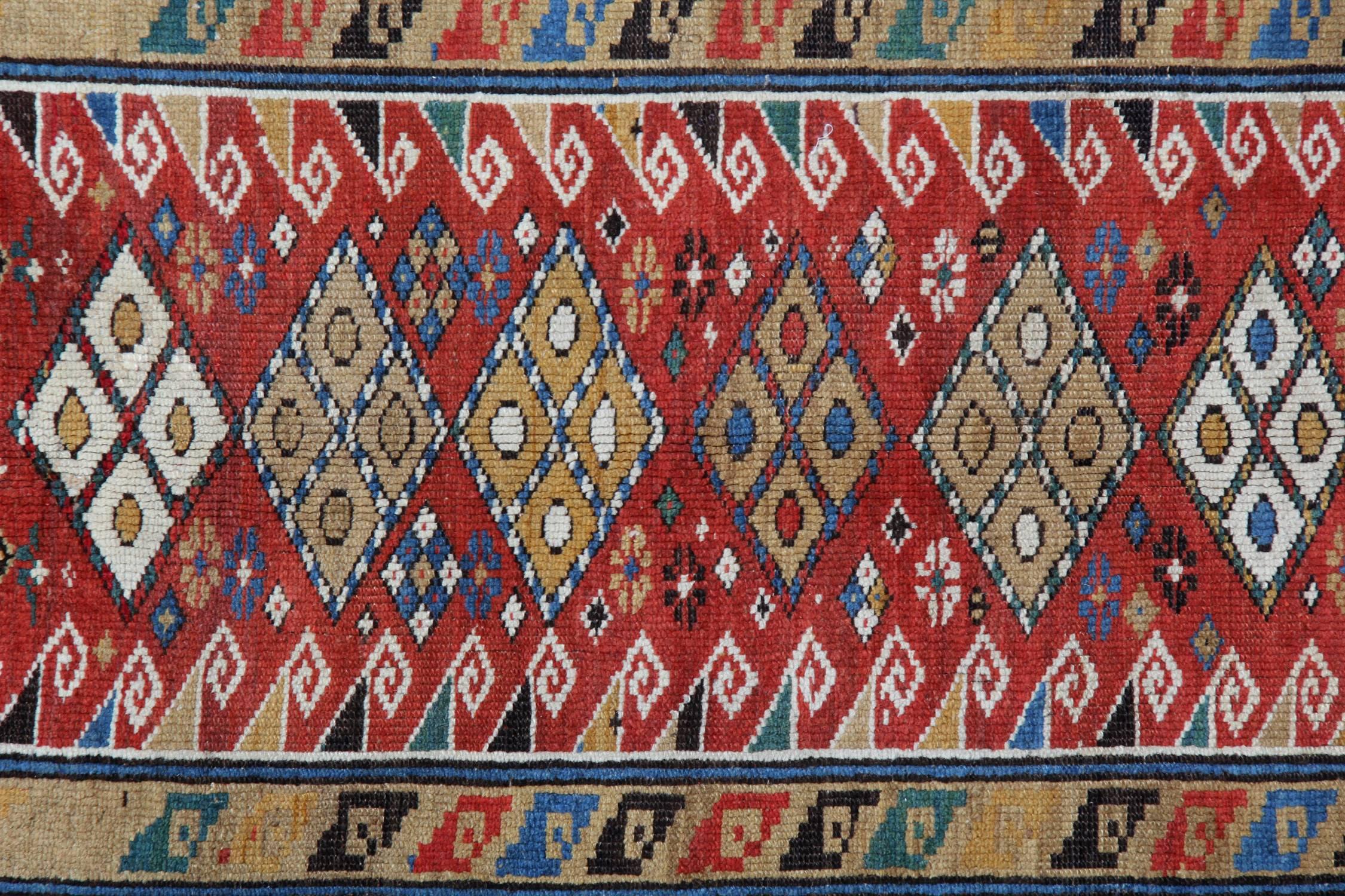 Kazak Handmade Antique Caucasian Shirvan Rug, Red Area Antique Rugs For Sale