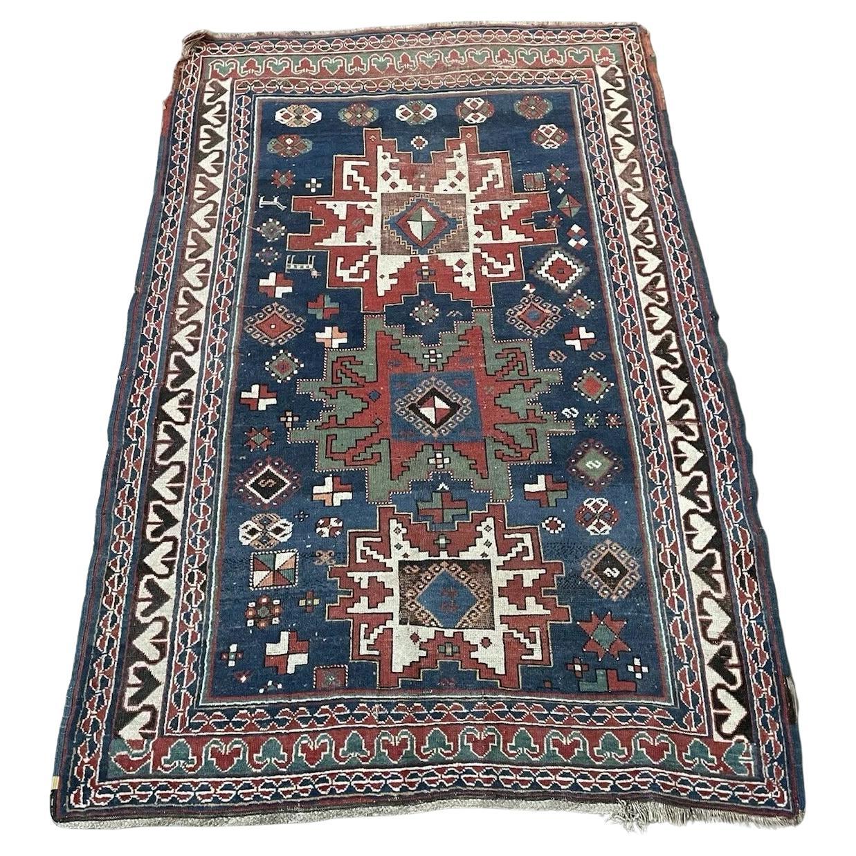 Handmade Antique Caucasian Lezgi Rug 4.9' x 7.2', 1880s - 1N100