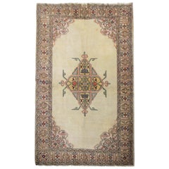 Handmade Vintage Caucasian Rug, Cream And Beige Wool Oriental Living Room Rug