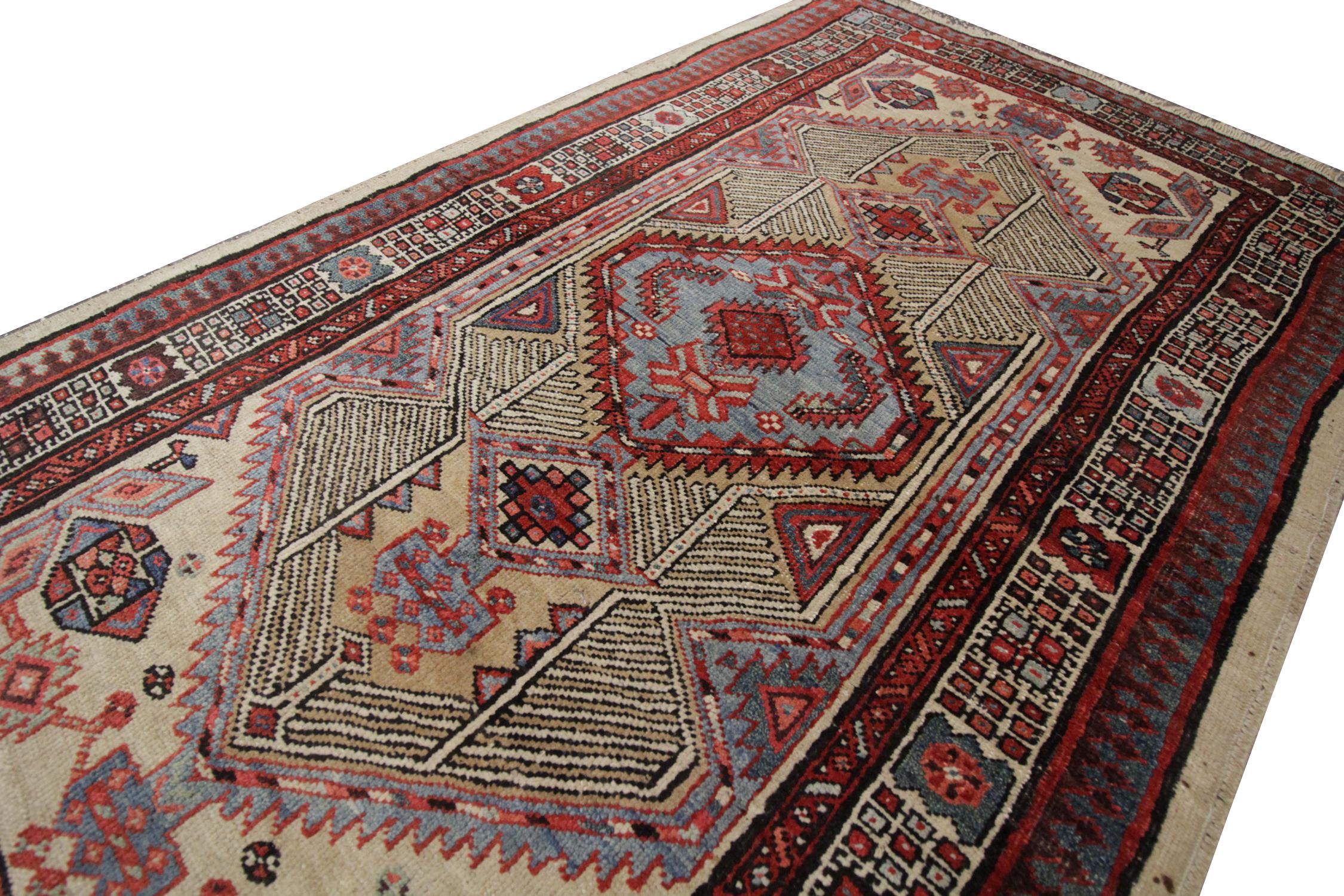 Tribal Handmade Antique Caucasian Rug, Oriental Deep Red and Beige Wool Rug for Bedroom For Sale