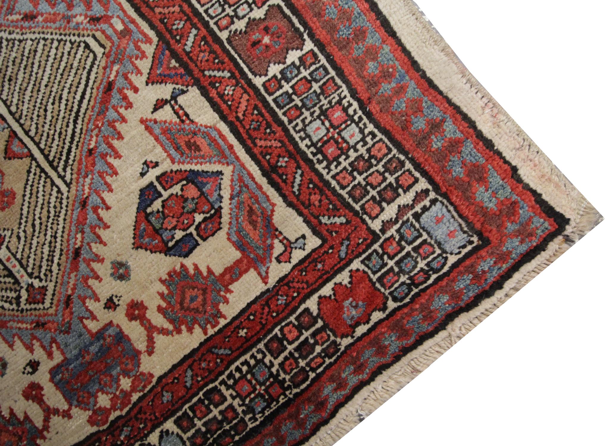 Mid-20th Century Handmade Antique Caucasian Rug, Oriental Deep Red and Beige Wool Rug for Bedroom For Sale