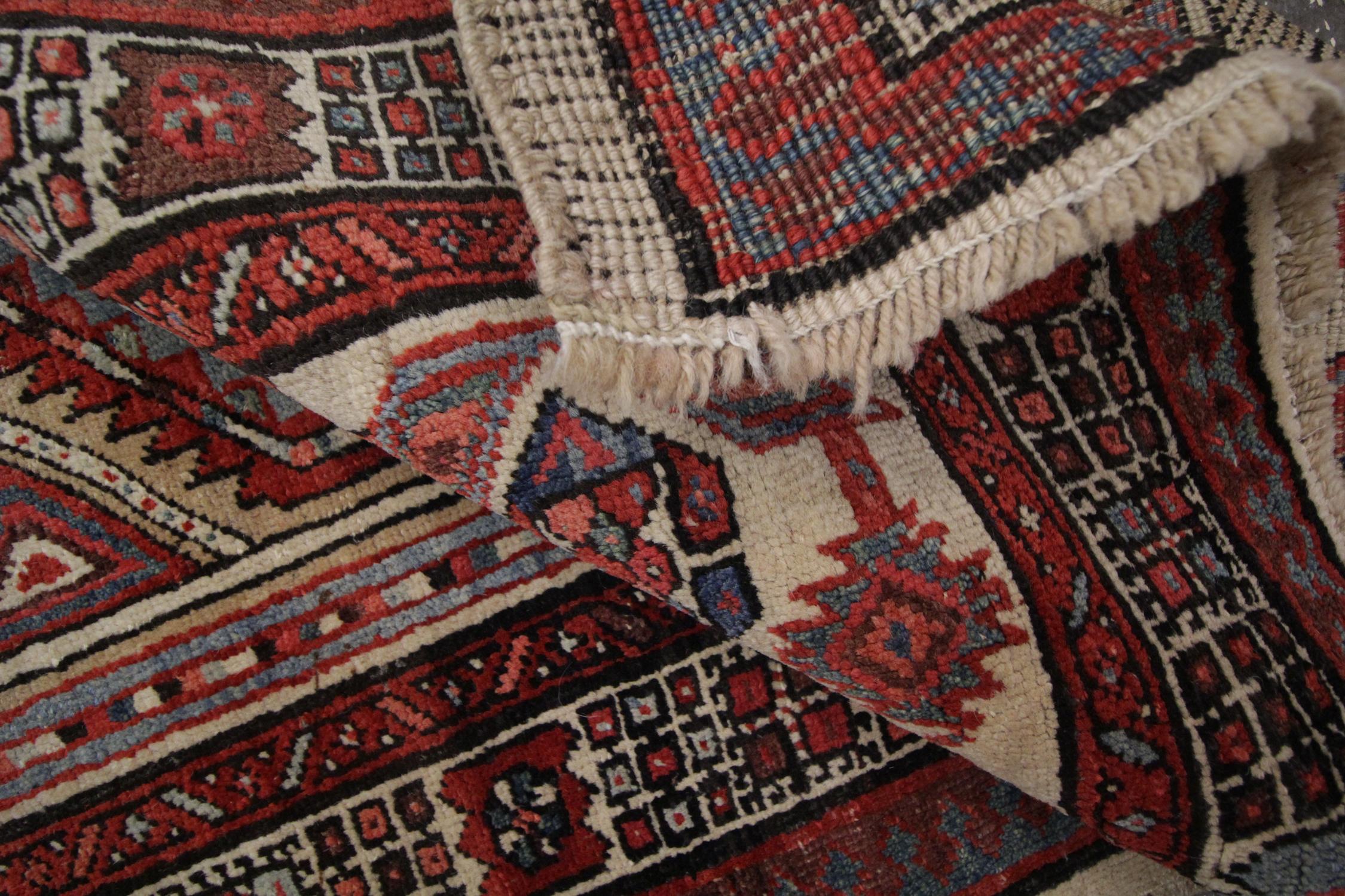 Handmade Antique Caucasian Rug, Oriental Deep Red and Beige Wool Rug for Bedroom For Sale 3