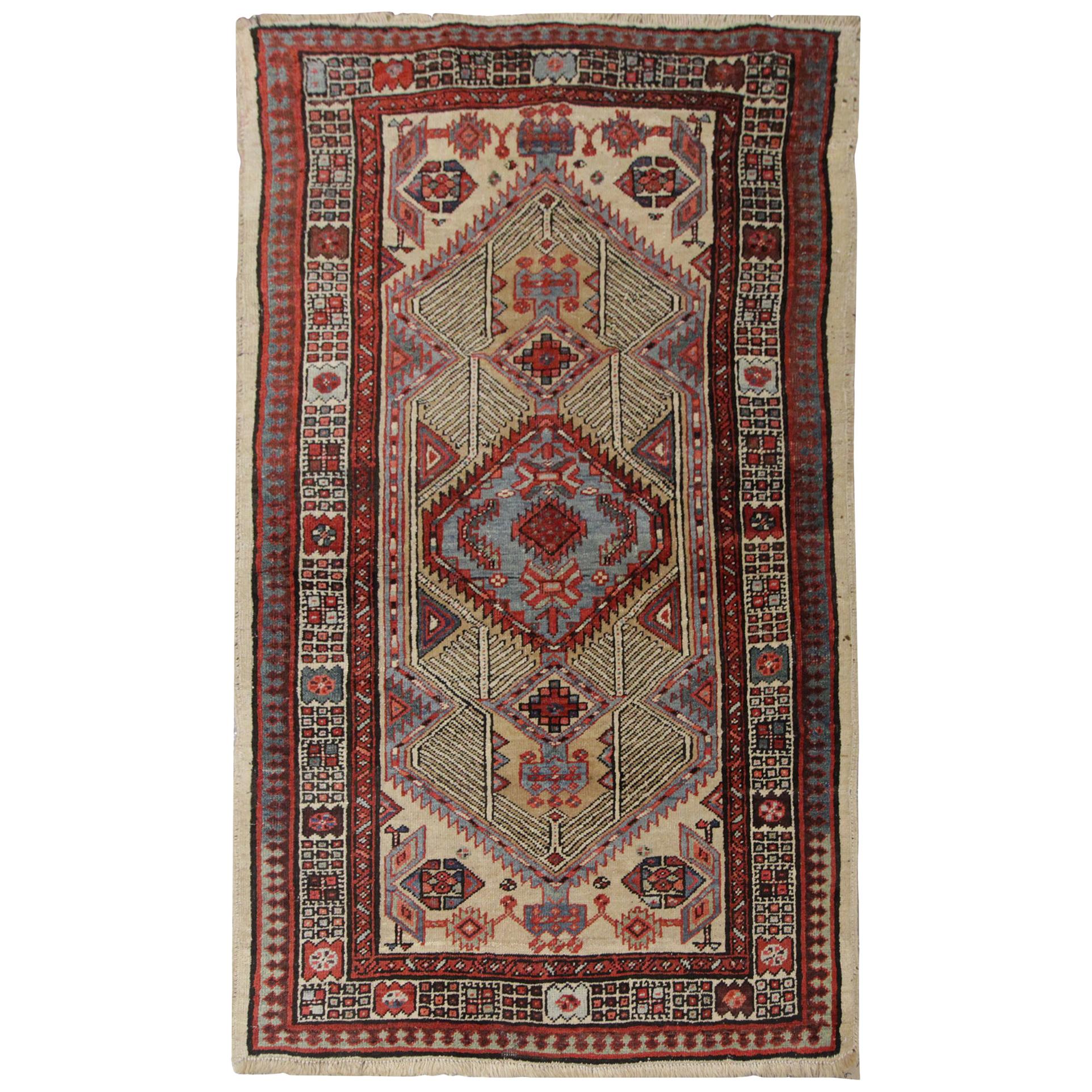 Handmade Antique Caucasian Rug, Oriental Deep Red and Beige Wool Rug for Bedroom For Sale