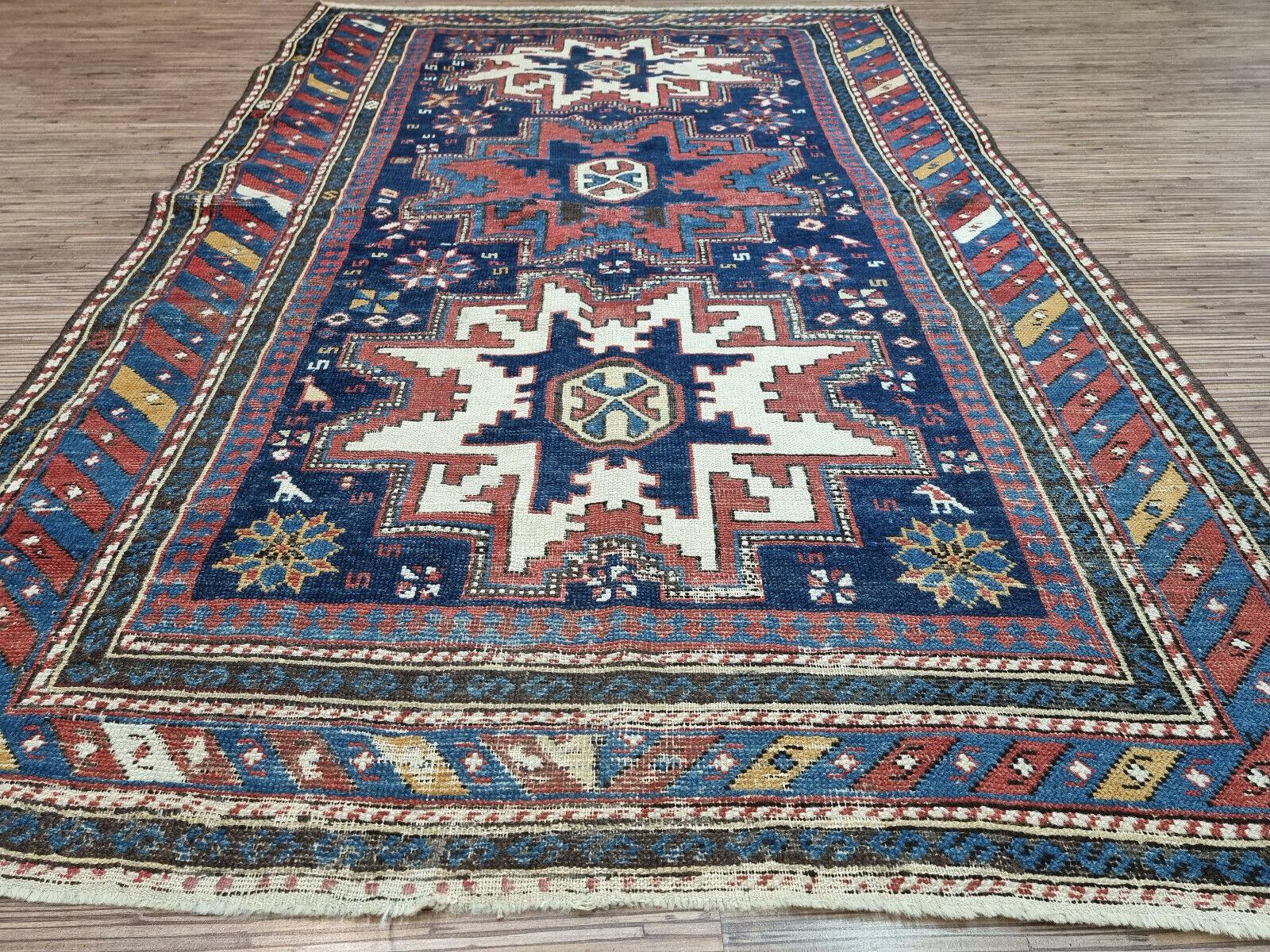 Handgefertigter antiker kaukasischer Schirwan-Teppich 3.4' x 5.2', 1900er Jahre - 1D89 im Zustand „Gut“ im Angebot in Bordeaux, FR