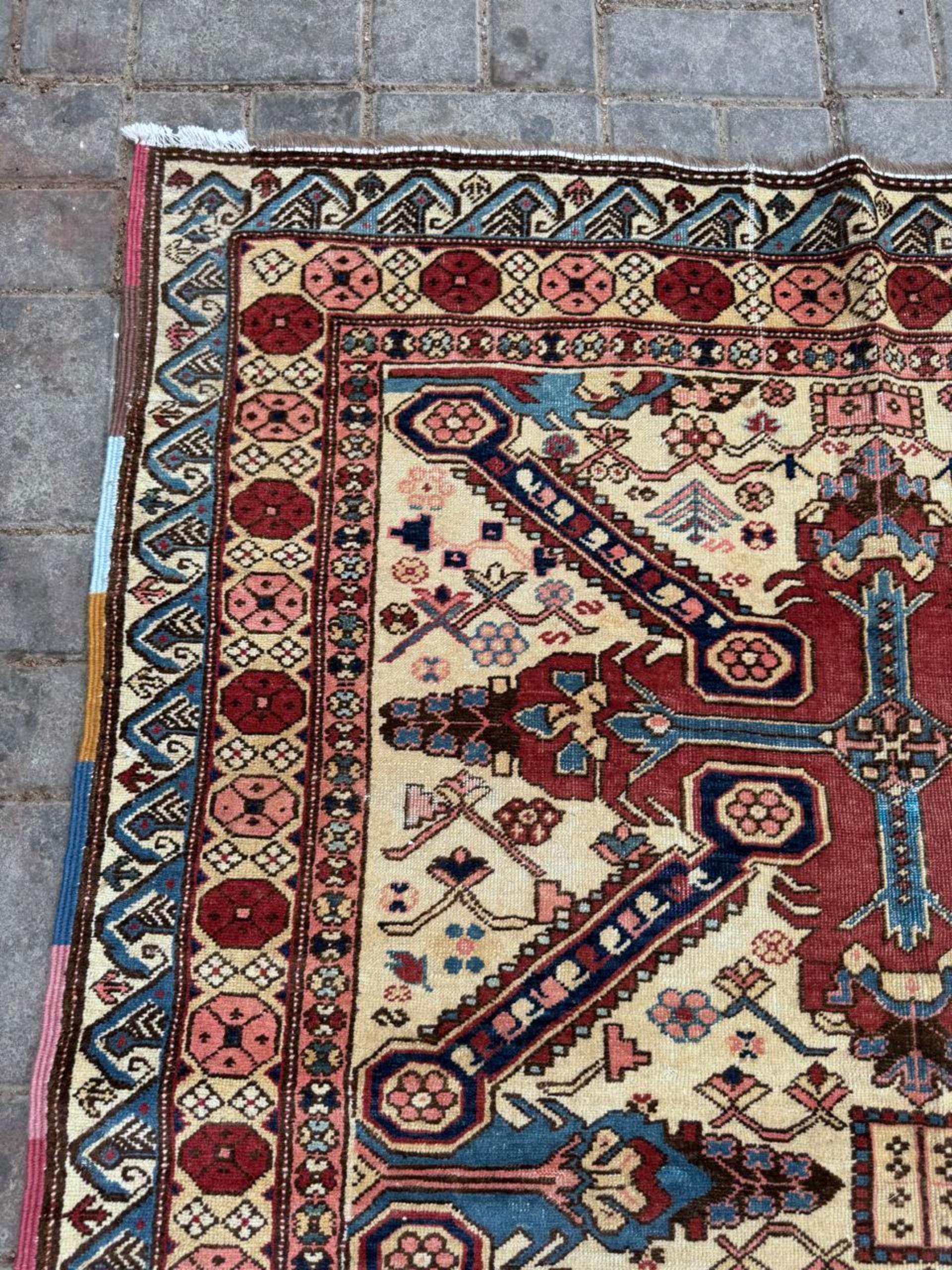 Début du 20ème siècle Tapis ancien caucasien Zeyhur fait main 4.2' x 5.3', 1910s - 2B107 en vente