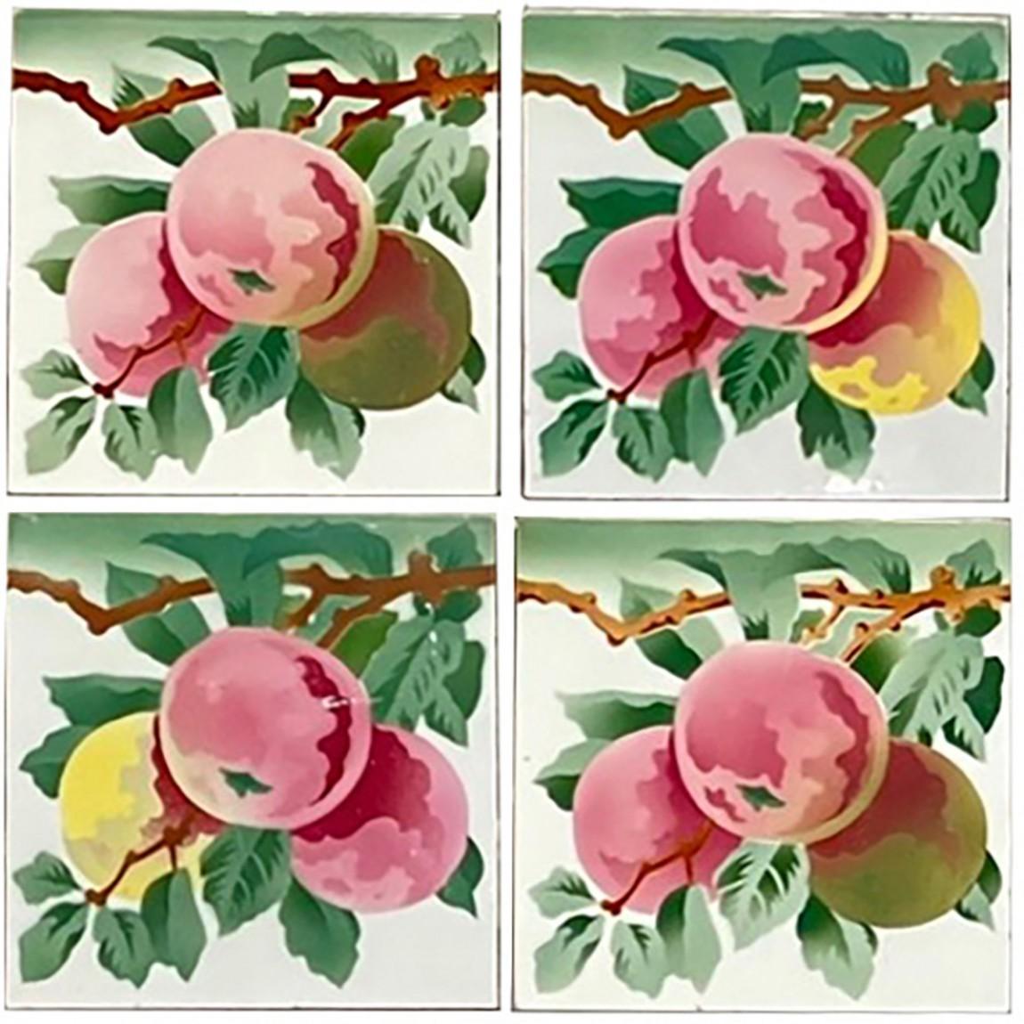 This is a amazing and unique set of 21 antique handmade ceramic tiles. Manufactured in Belgium, circa 1920s. Stylized design of handpainted apples. These tiles would be charmingly displayed on easels, framed or incorporated into a custom tile